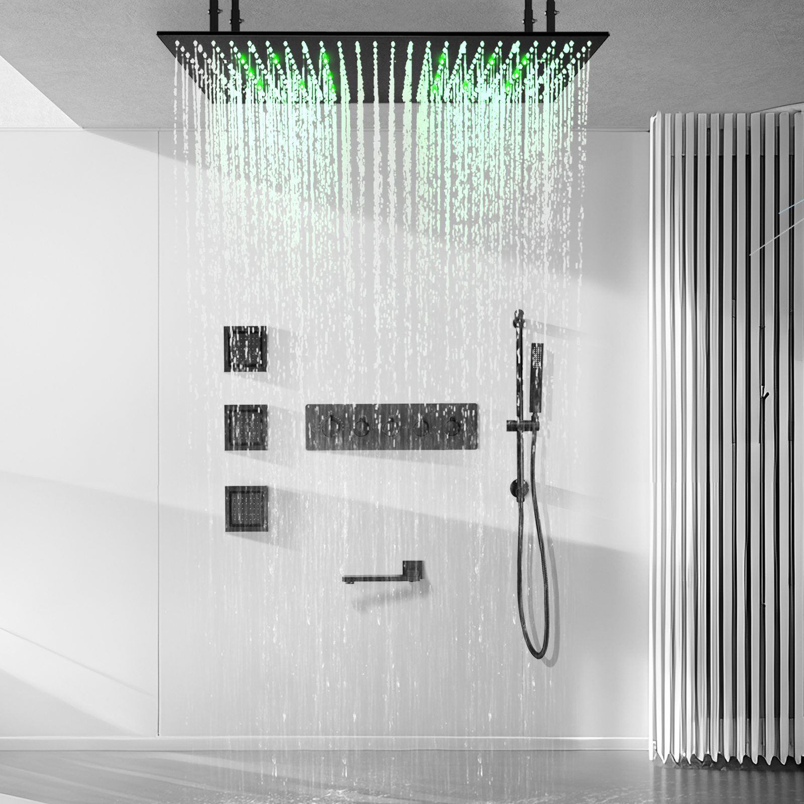 Black Wall -mounted Bathroom Large Rainwater LED Shower Head System in The Ceiling, Bring Down The Water Outlet