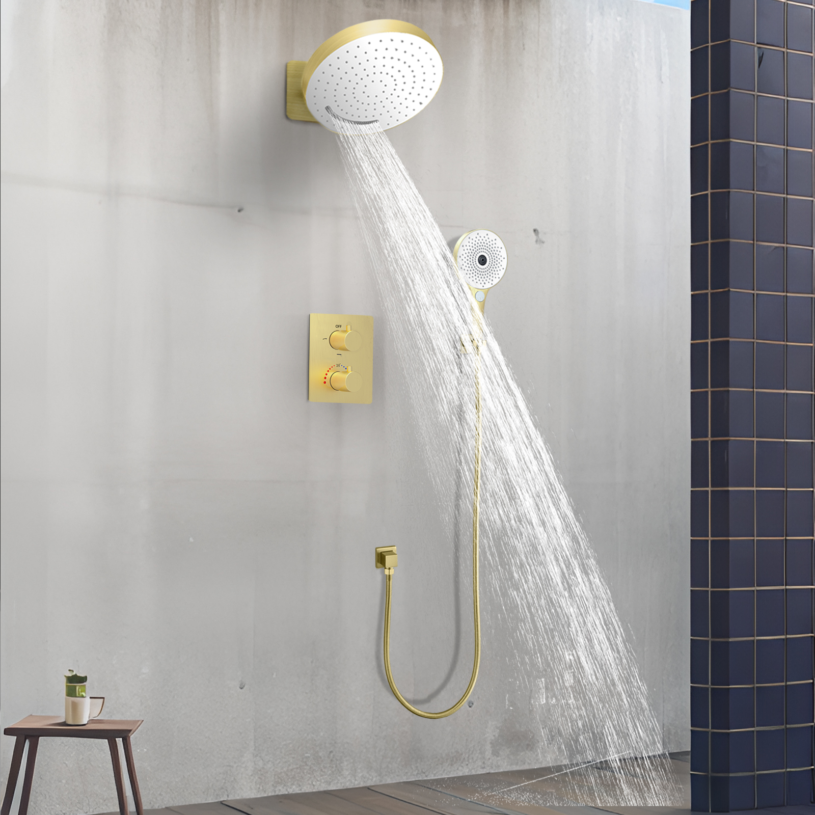 12 -inch 3 Function Circular Shower Head Constant Temperature Pull Silk Hanging Rainfall Shower System Multi -function Handheld