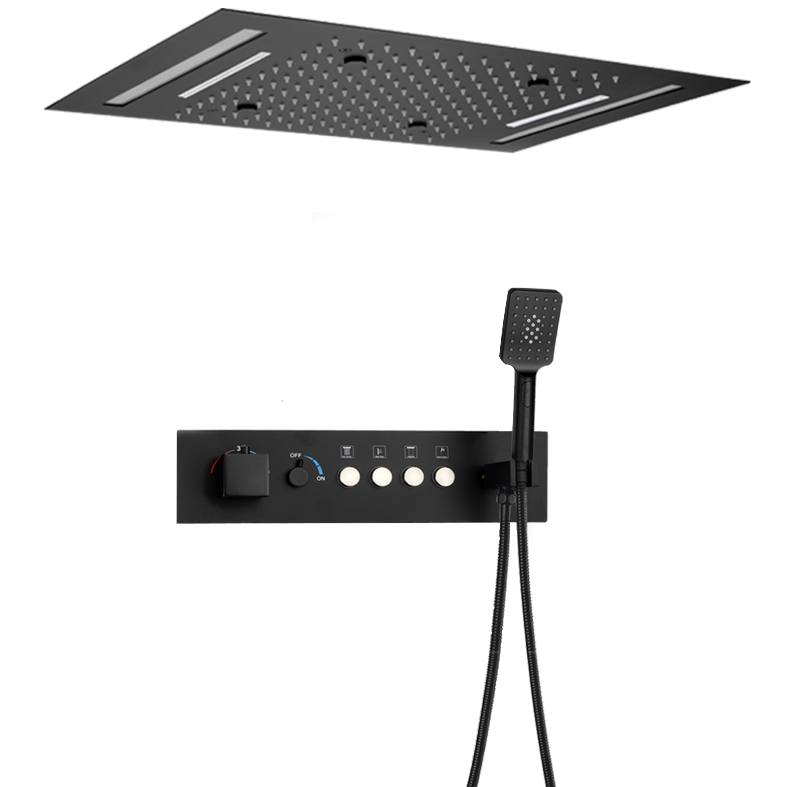 50X36CM Wall Mounted Shower Set Matte Black Constant Temperature Button with Flow Control Lever Shower System Bathtub Rain