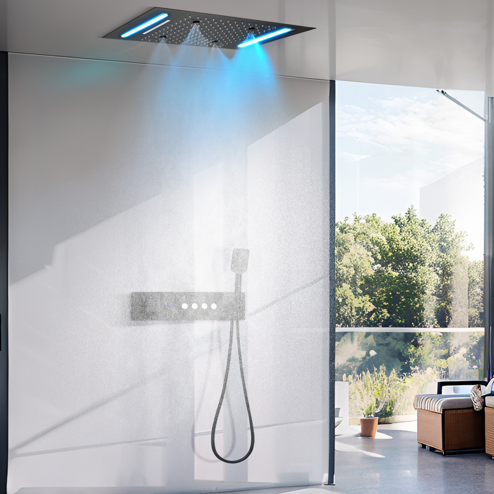 Matte Black LED Display Screen, Digital Constant Temperature Shower Faucet Set, 4-function Rainwater Shower Massage System