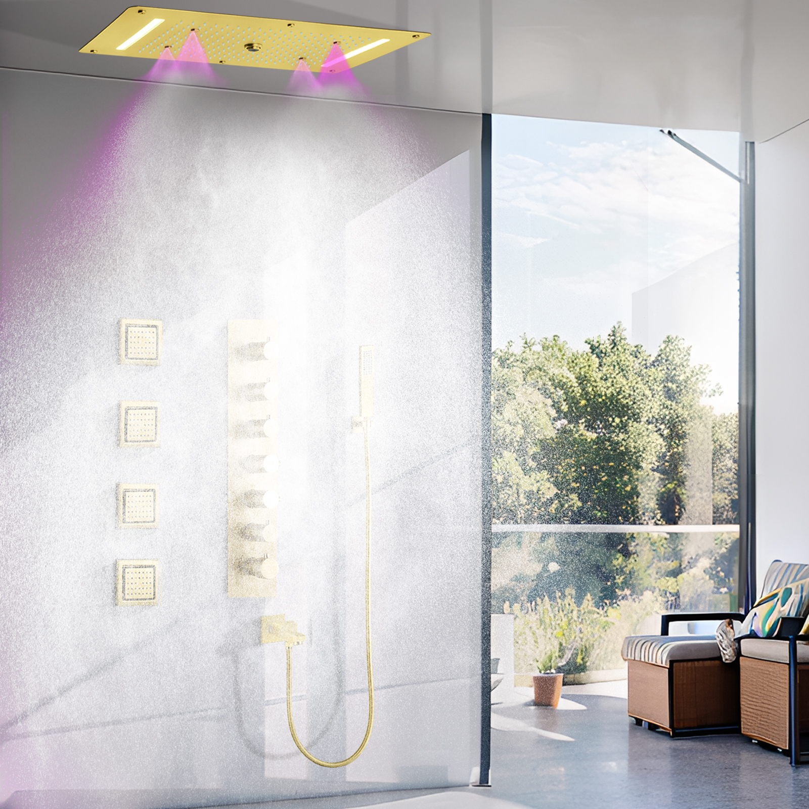 70x38cm Brushed Gold Shower Suite Hanging Blender Hidden LED Shower Room Bathroom Water Faucet Massage System