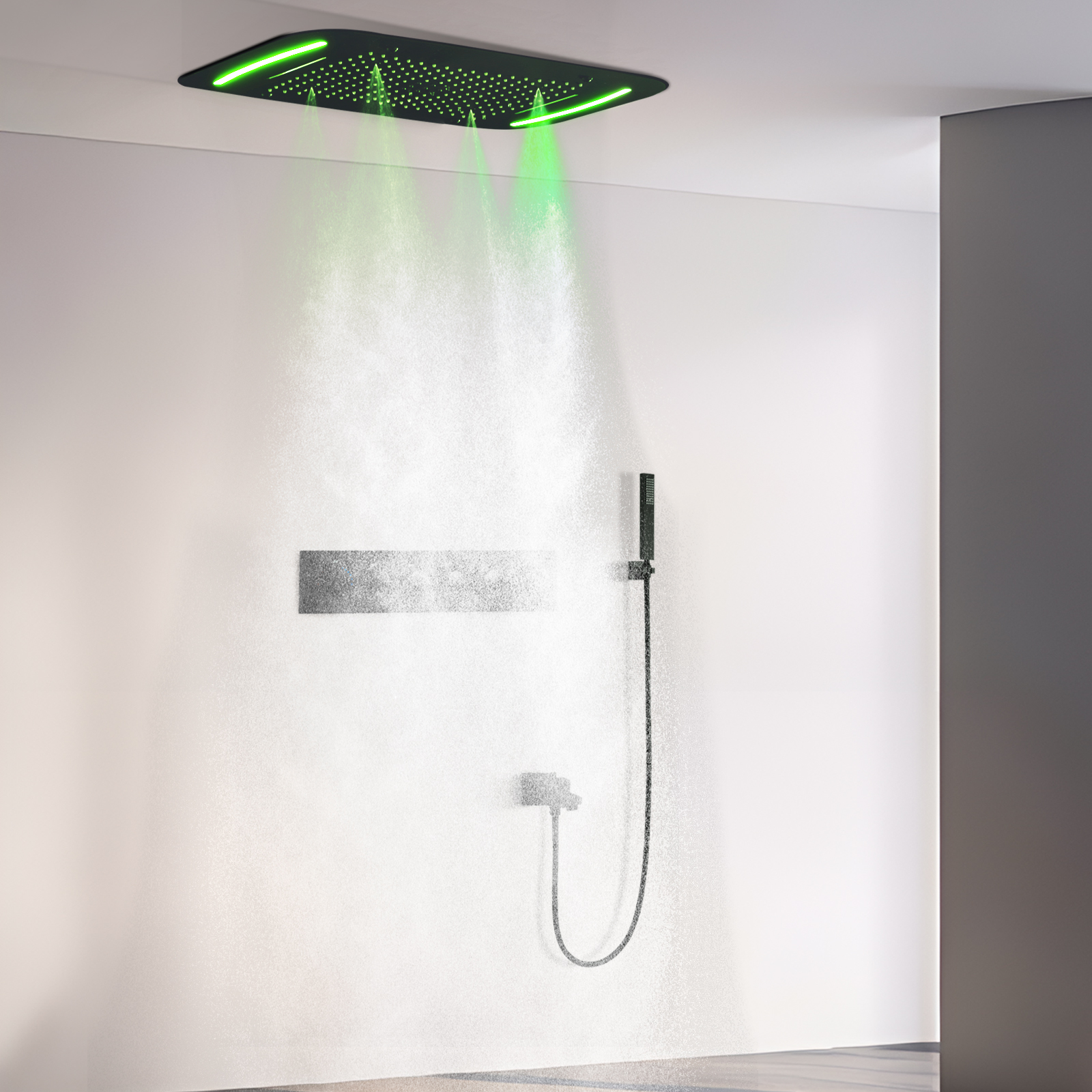 71x43cm Black LED Shower System Set with Ceiling Large Massage Constant Temperature Waterfall Rainwater Shower Head Mixer Faucet