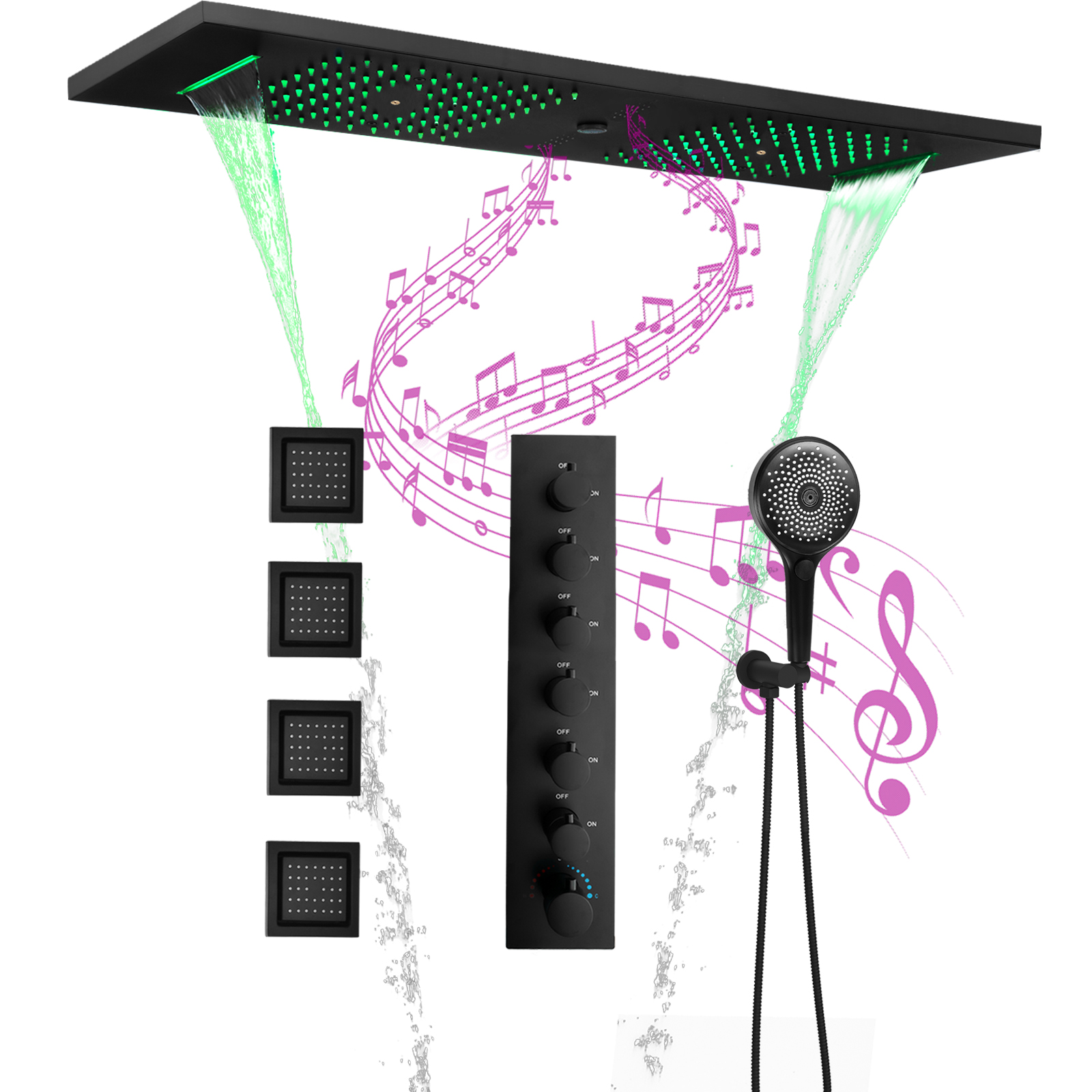 900 × 300mm Matte Black LED Shower 6 Functional Music Shower System Rain Shower Water Faucet Constant Temperature