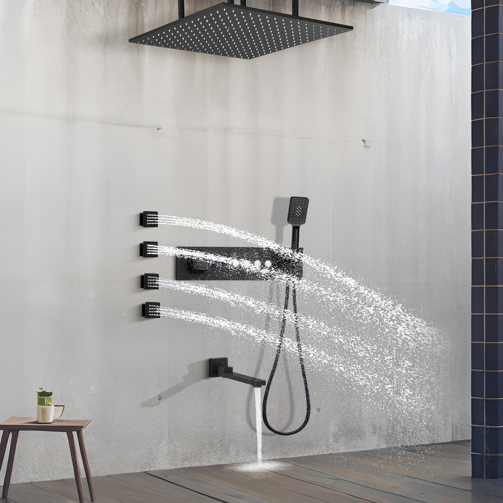 Ceiling LED Number Showing Constant Temperature Mixed Shower Matte Black Shower Bronze Sleeve Body Jet with Folding