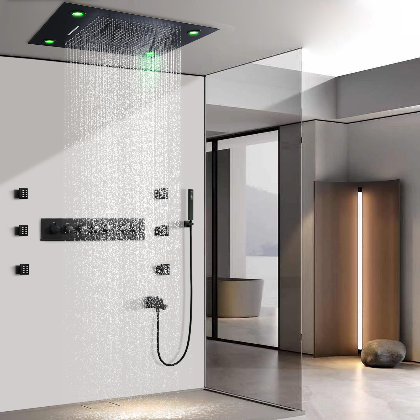 800*600MM Black Shower Head LED Bathroom Thermostatic Multifunction Shower System With Shower Body Jets
