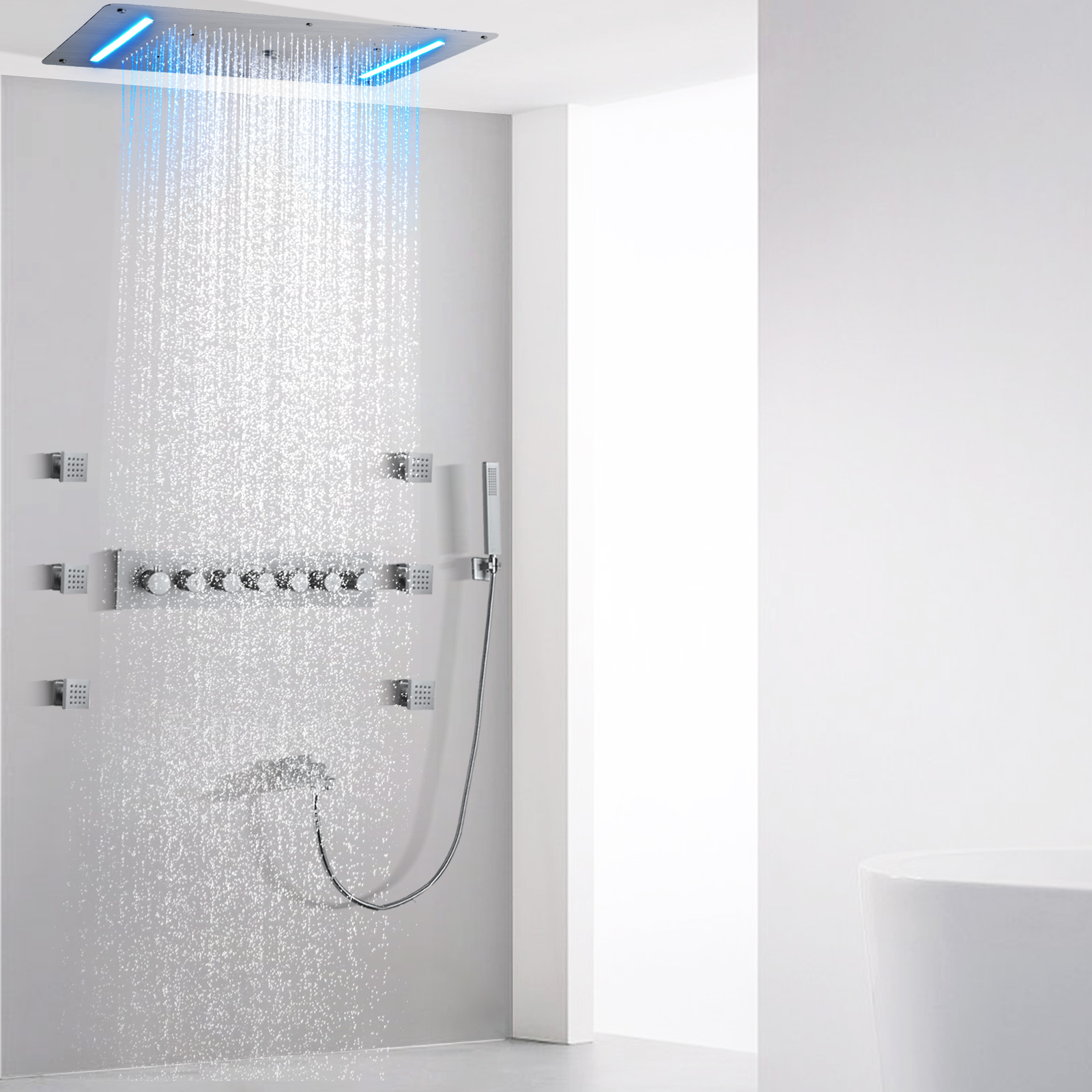 Brushed Nickel Thermostatic Shower Faucet Set 70X38 CM LED Bathroom Rainfall Waterfall Atomizing Bubble Massage Shower