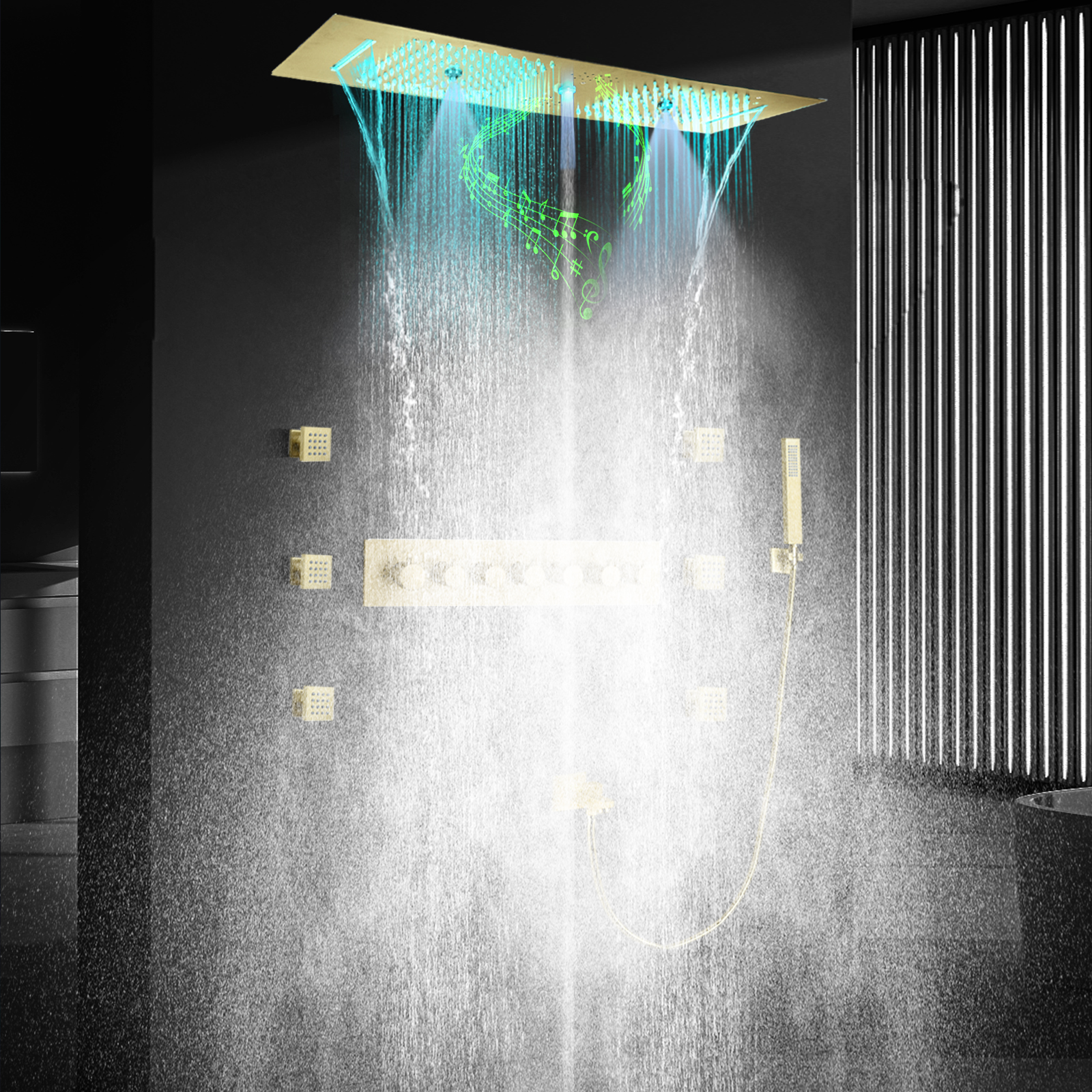 Brushed Gold LED Shower Head With Music Speaker Double Shower Ceiling Embedded Bathroom Thermostatic Shower Faucet Set