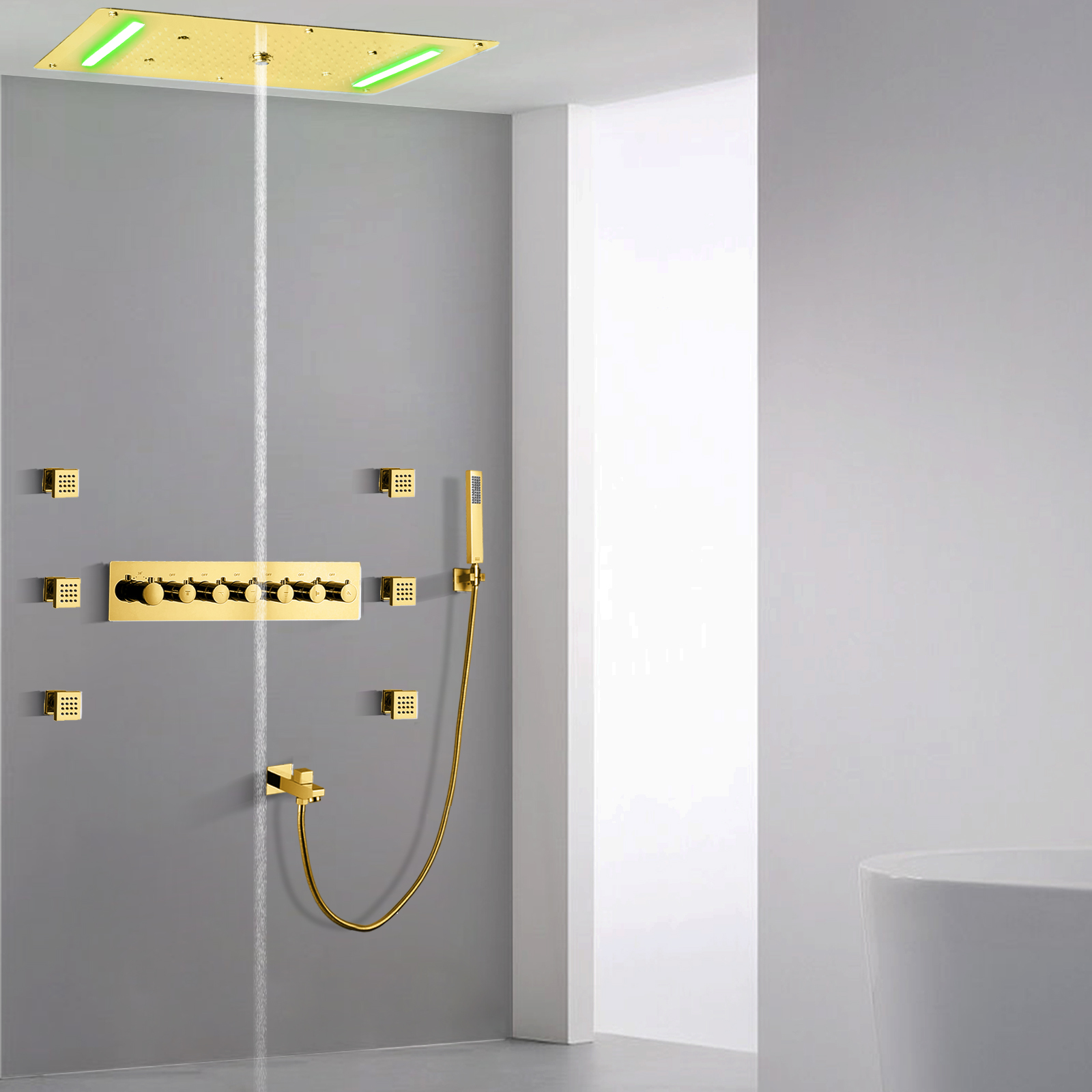 70X38 Cm Titanium Gold LED Thermostatic Shower Set Mixer Massage Rainfall Waterfall With Handheld