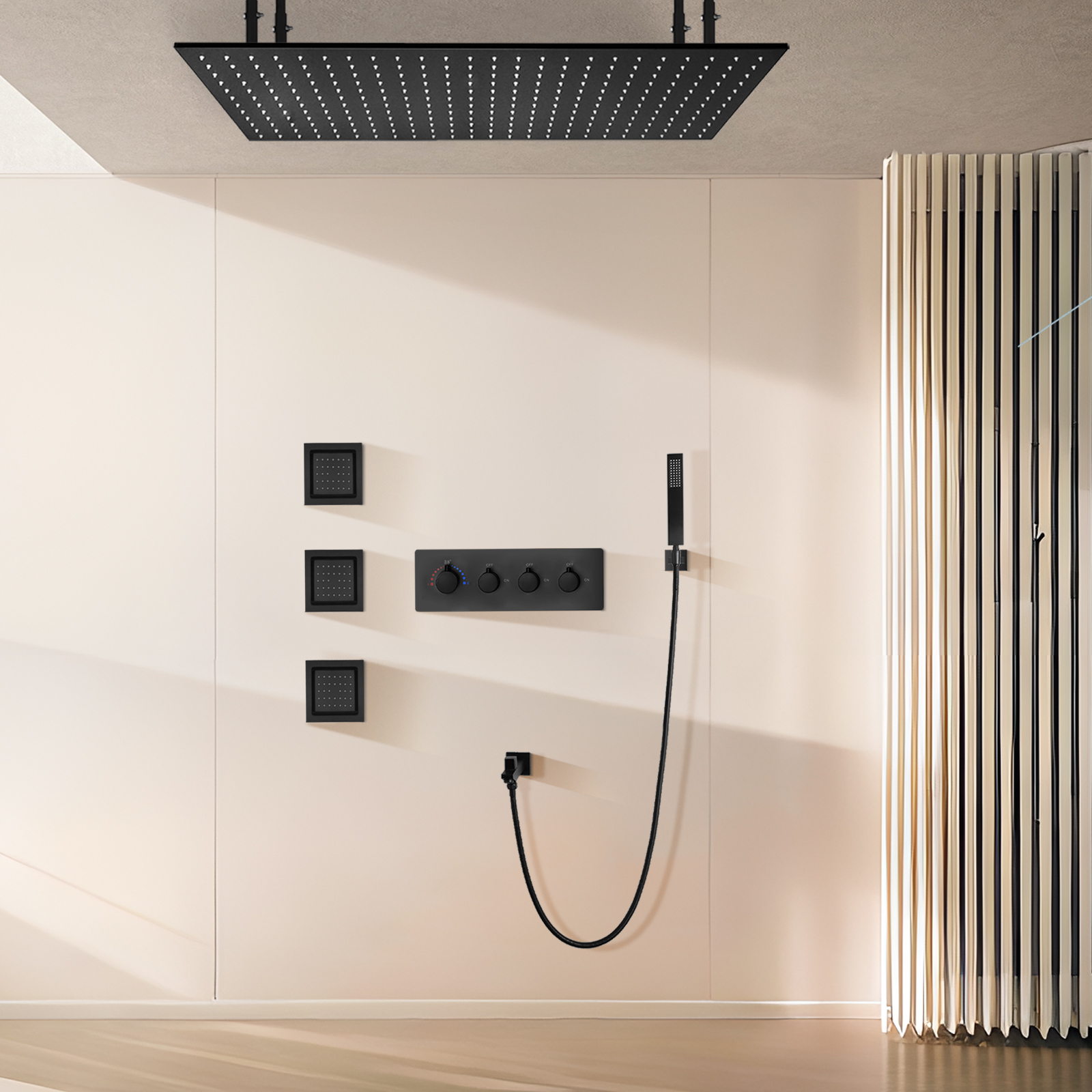Wall -mounted Brass Matte Black 100x50cm Rainflower Shower Head System Four -function Bathroom LED Shower Kit
