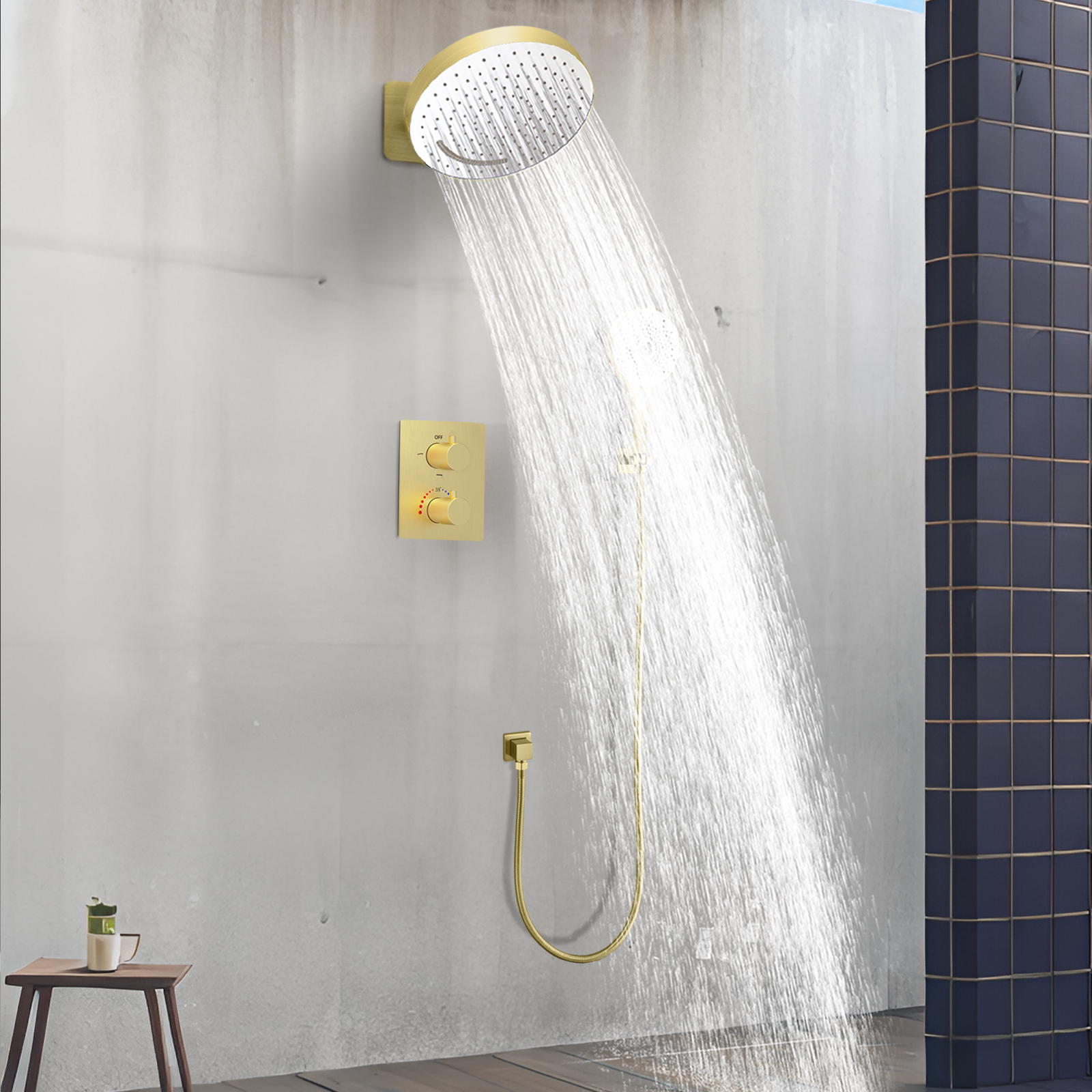 12 -inch 3 Function Circular Shower Head Constant Temperature Pull Silk Hanging Rainfall Shower System Multi -function Handheld