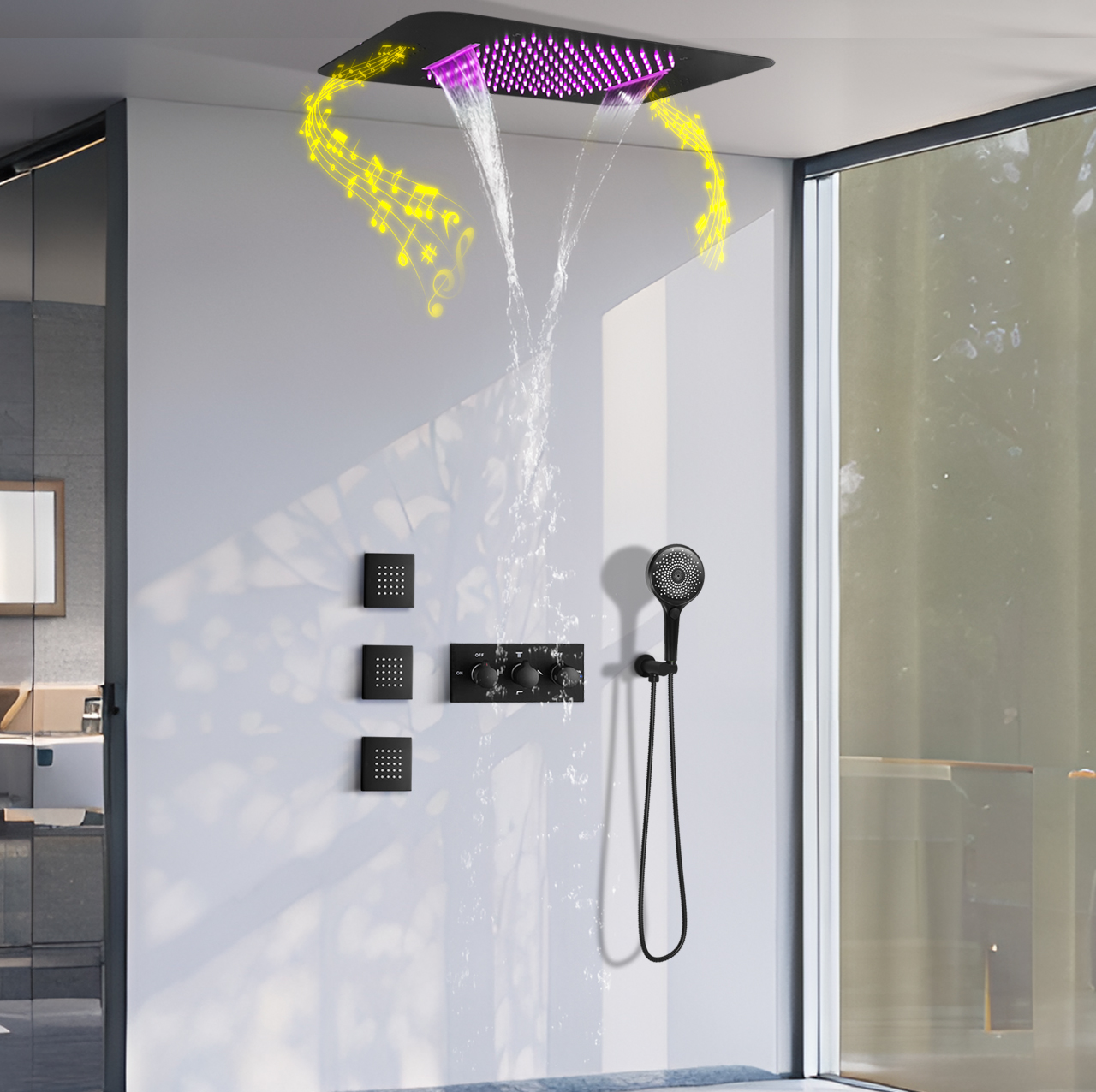 Ducky Black Dark Bathroom LED Music Rain Water Waterfall System Constant Temperature Mixed Shower Water Faucet System Jet Kit