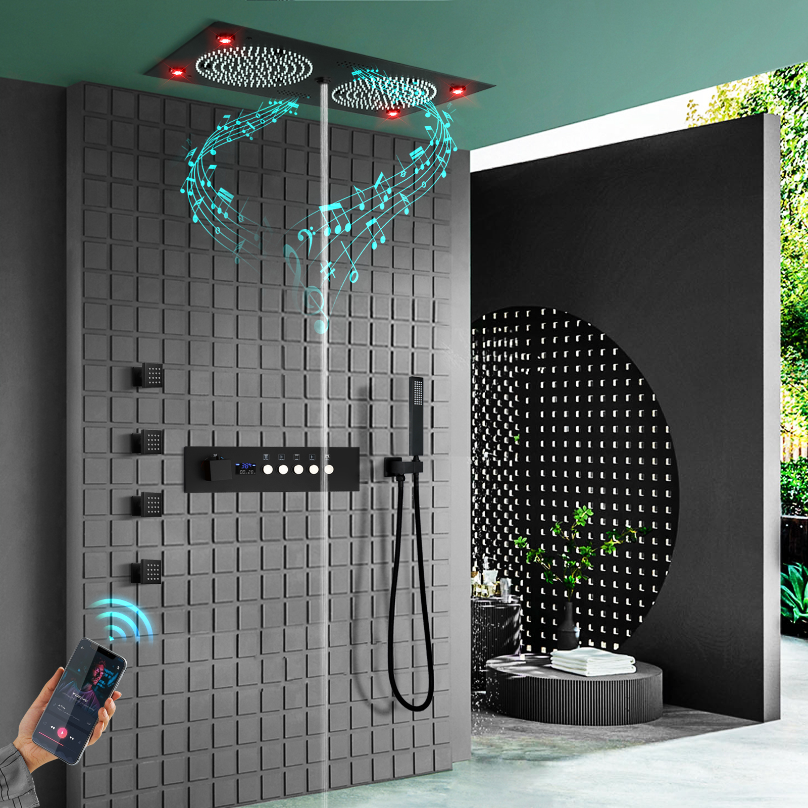 Mattic Black Shower System Set 24.5x12.5 -inch Bathroom LED Rainwater Shower Head Brass And Luxurious Warm Water Faucet Sprayer