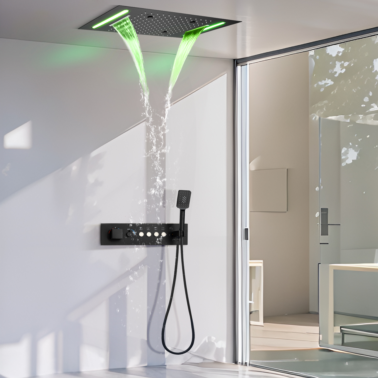 50X36CM Wall Mounted Shower Set Matte Black Constant Temperature Button with Flow Control Lever Shower System Bathtub Rain