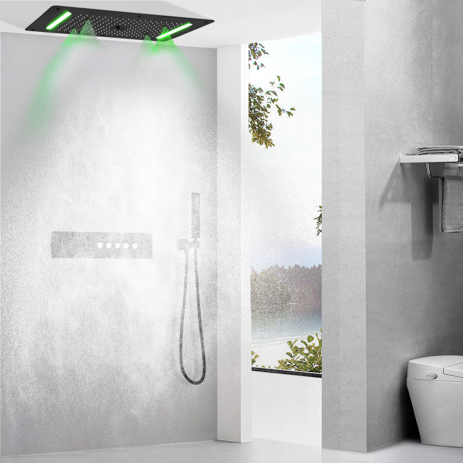 Matte Dark Waterfall Rain Fog Shower System LED Digital Display Thermostatic Shower Valve Shower SPA Shower Set Faucet