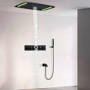 71x43cm Black LED Shower System Set with Ceiling Large Massage Constant Temperature Waterfall Rainwater Shower Head Mixer Faucet