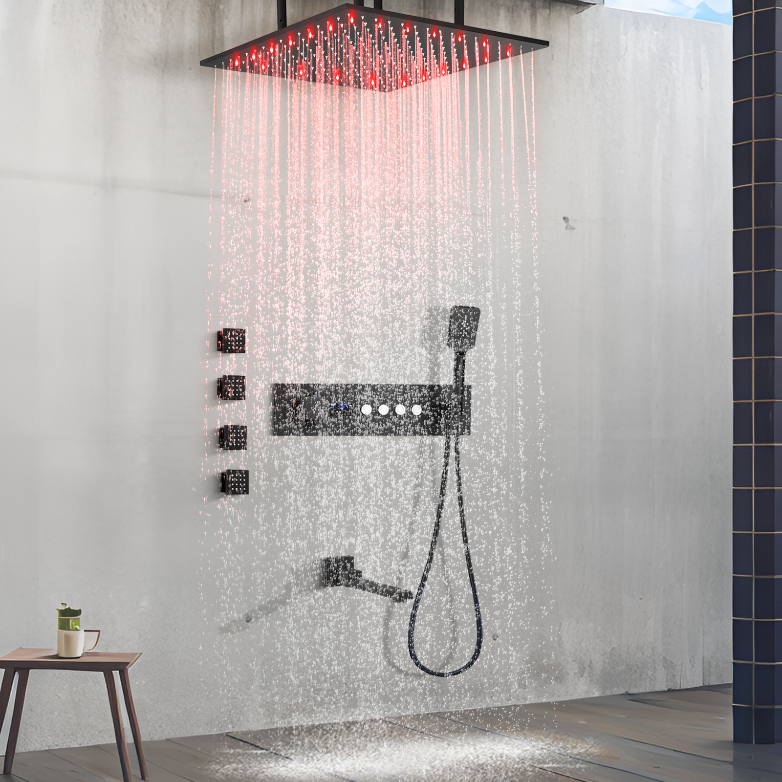 Ceiling LED Number Showing Constant Temperature Mixed Shower Matte Black Shower Bronze Sleeve Body Jet with Folding