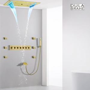 Brushed Gold Temperature Shower Mixer Set 70X38 CM LED Bathroom Multifunction Rainfall Concealed Shower System