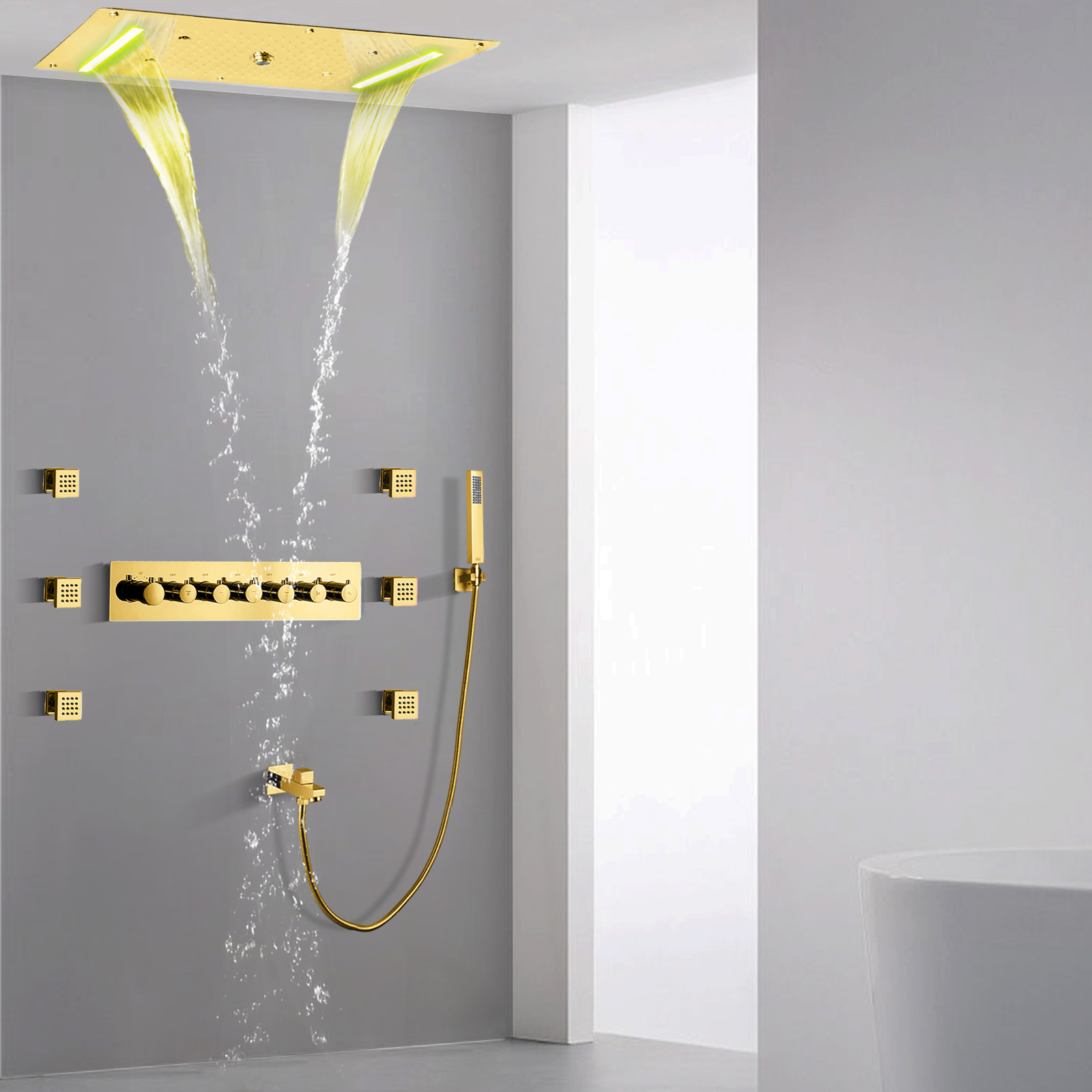 70X38 Cm Titanium Gold LED Thermostatic Shower Set Mixer Massage Rainfall Waterfall With Handheld