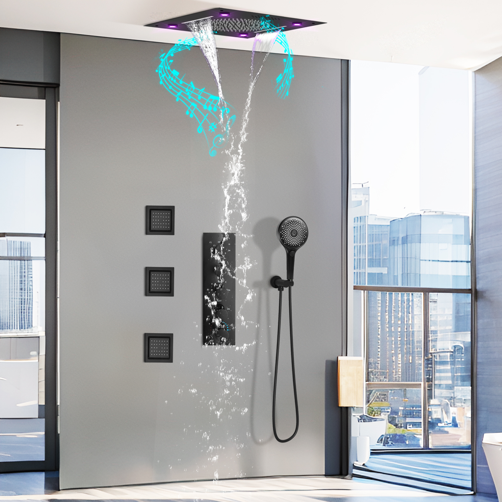 LED Shower System Manufacturer Matte Black Shower Head And Valve Set Wall Hanging High 