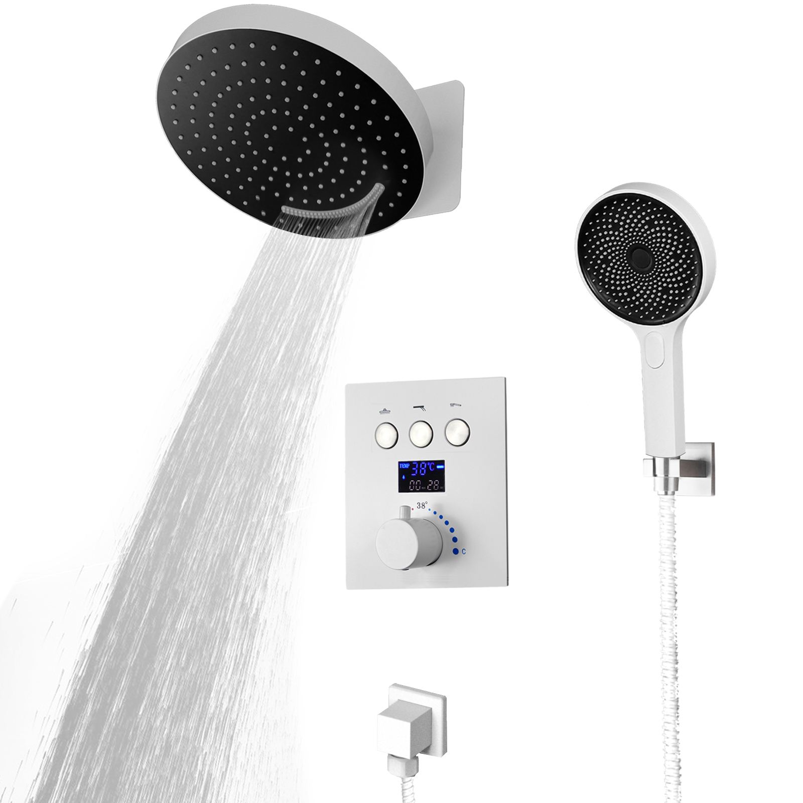 12 Inch White Simple Thermostatic Button Number Shows Water Faucet System Bathroom Massage Jet Shower Suite