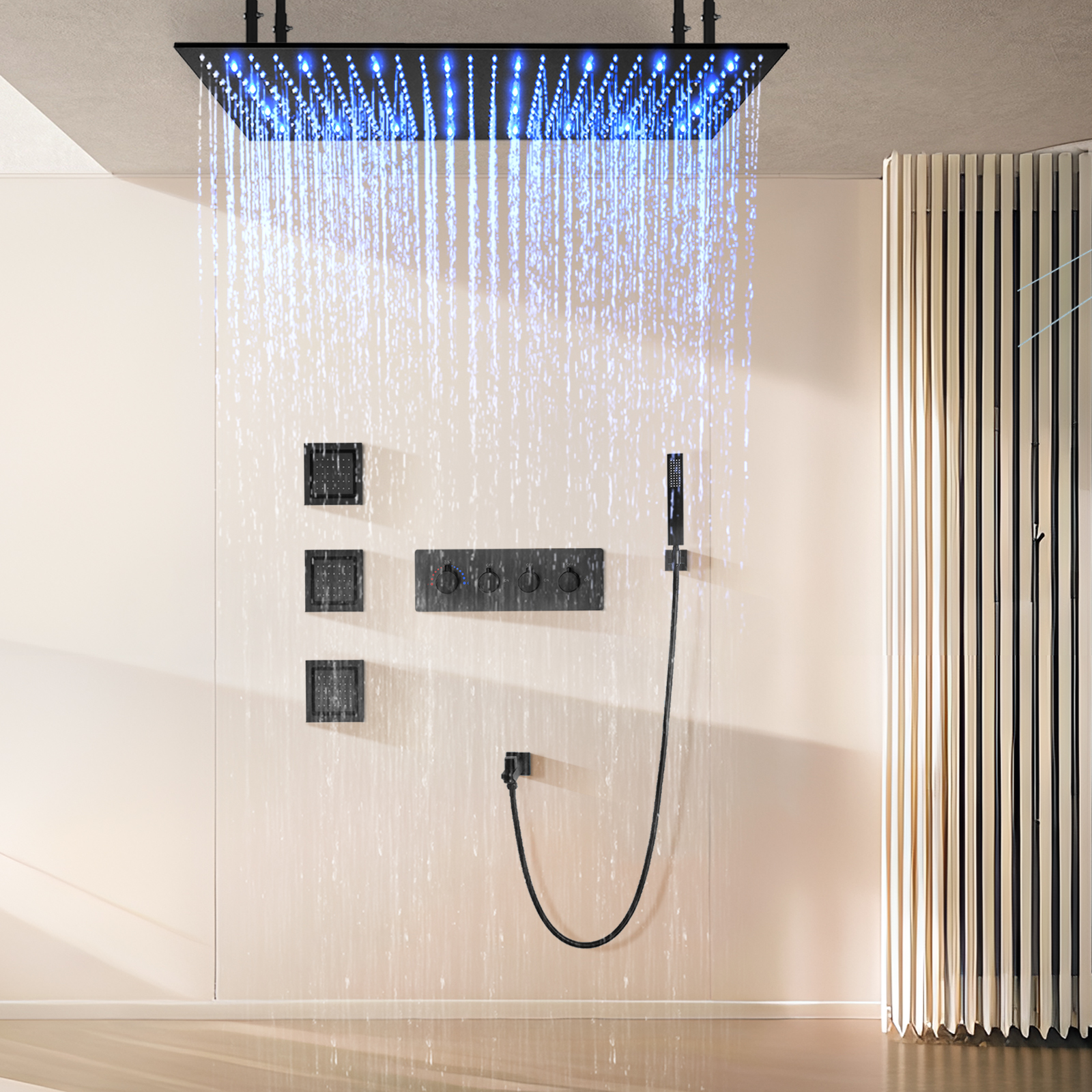 Wall -mounted Brass Matte Black 100x50cm Rainflower Shower Head System Four -function Bathroom LED Shower Kit