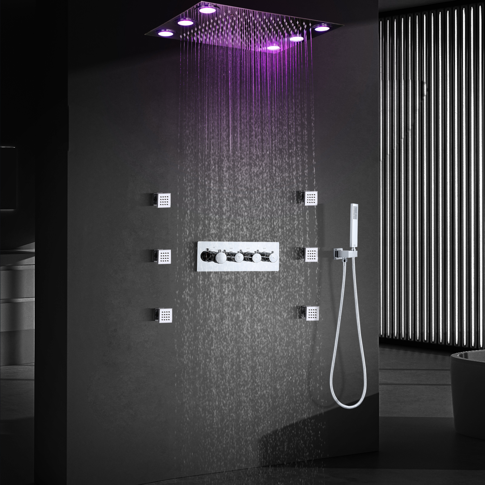 Bathroom Shower Brass Shower Faucet LED Chrome-plated Thermostat Concealed Bathtub Shower Set