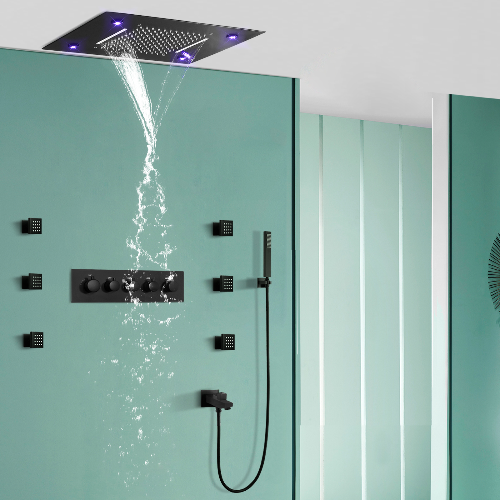 Matte Black LED Bathtub Shower System Bathroom Rain Shower Head with Handheld Combo Set