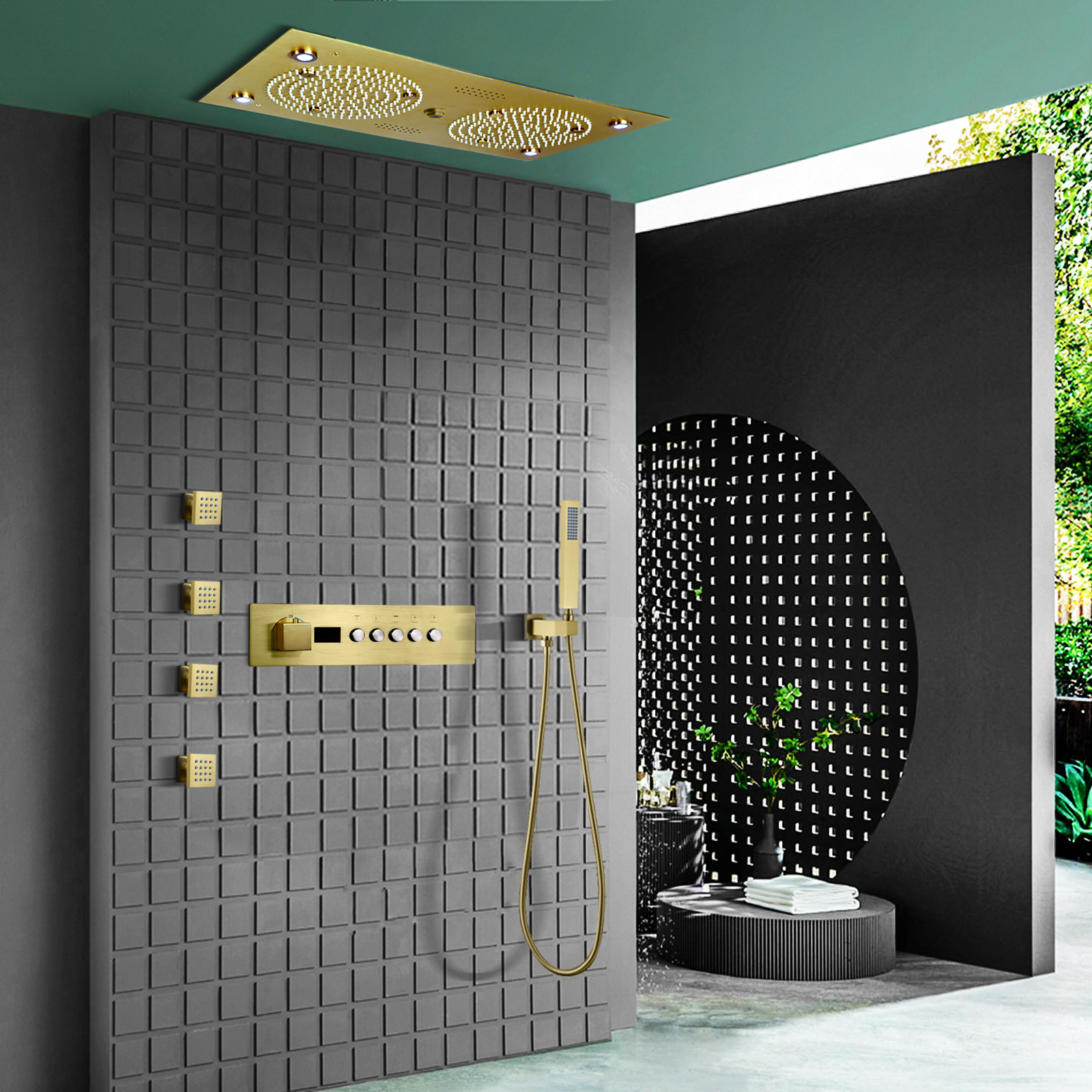 24.5x12.5 Inch Brushed Gold LED Music Shower System Set Bathroom Shower Height Temperature Water Dragon Massage Head Injection