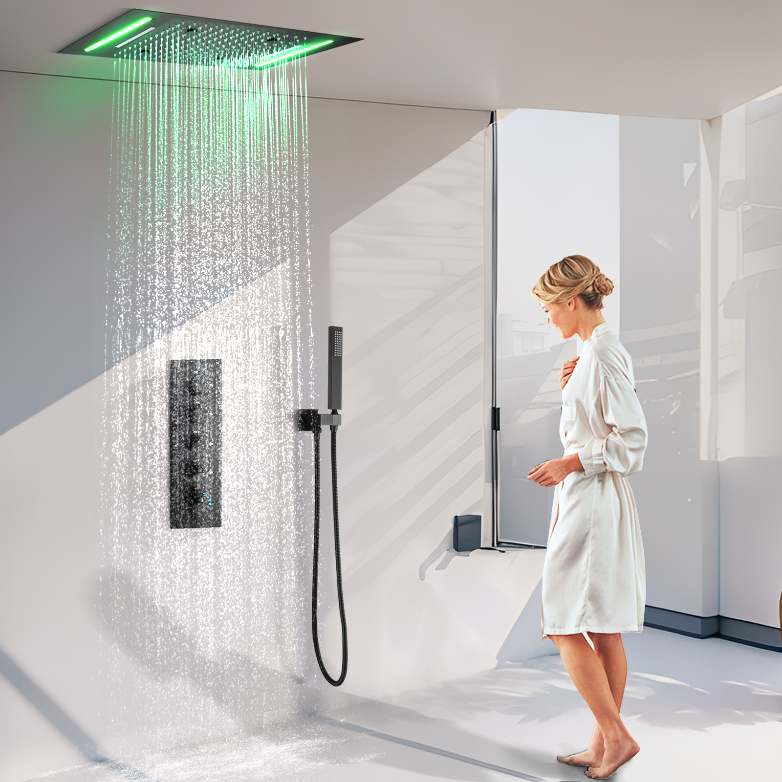 Bathroom Ceilings Multifunctional Shower Top Shower 50x36mcleD Panel Matte Black Constant Warm Rain Square Shower Head Set