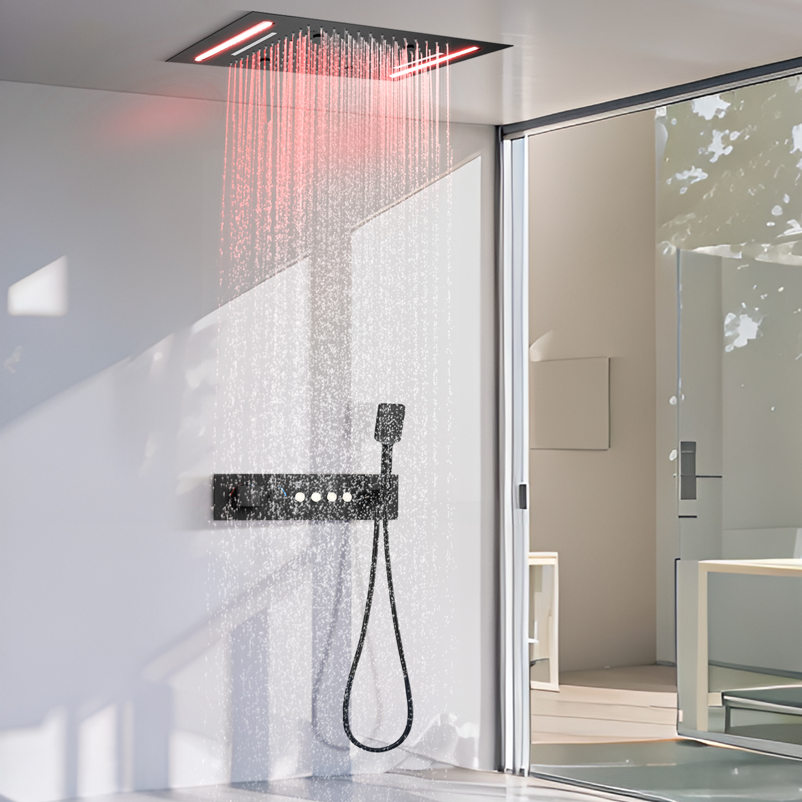 50X36CM Wall Mounted Shower Set Matte Black Constant Temperature Button with Flow Control Lever Shower System Bathtub Rain
