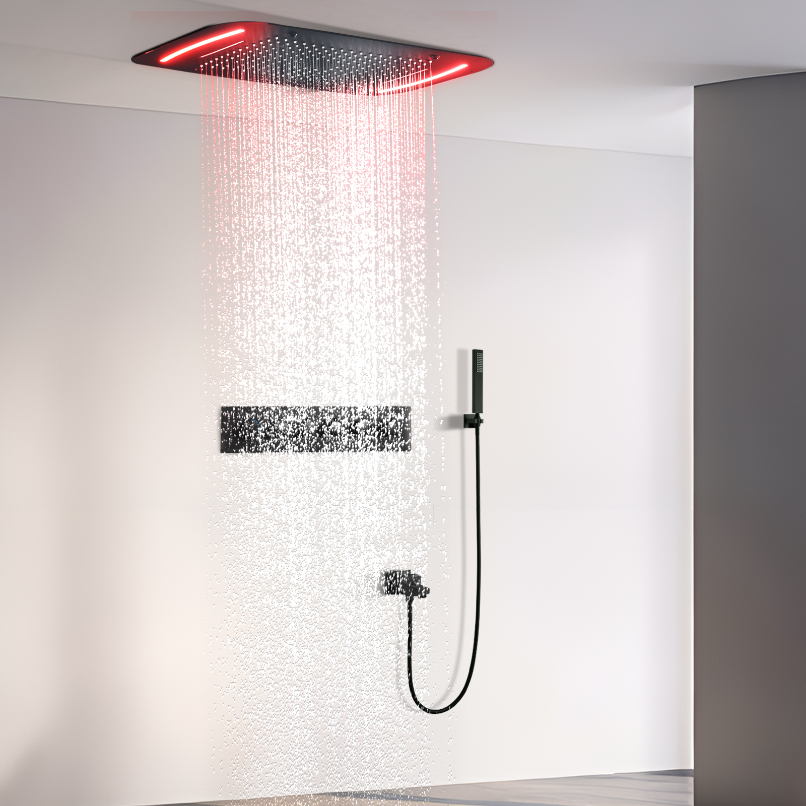 71x43cm Black LED Shower System Set with Ceiling Large Massage Constant Temperature Waterfall Rainwater Shower Head Mixer Faucet
