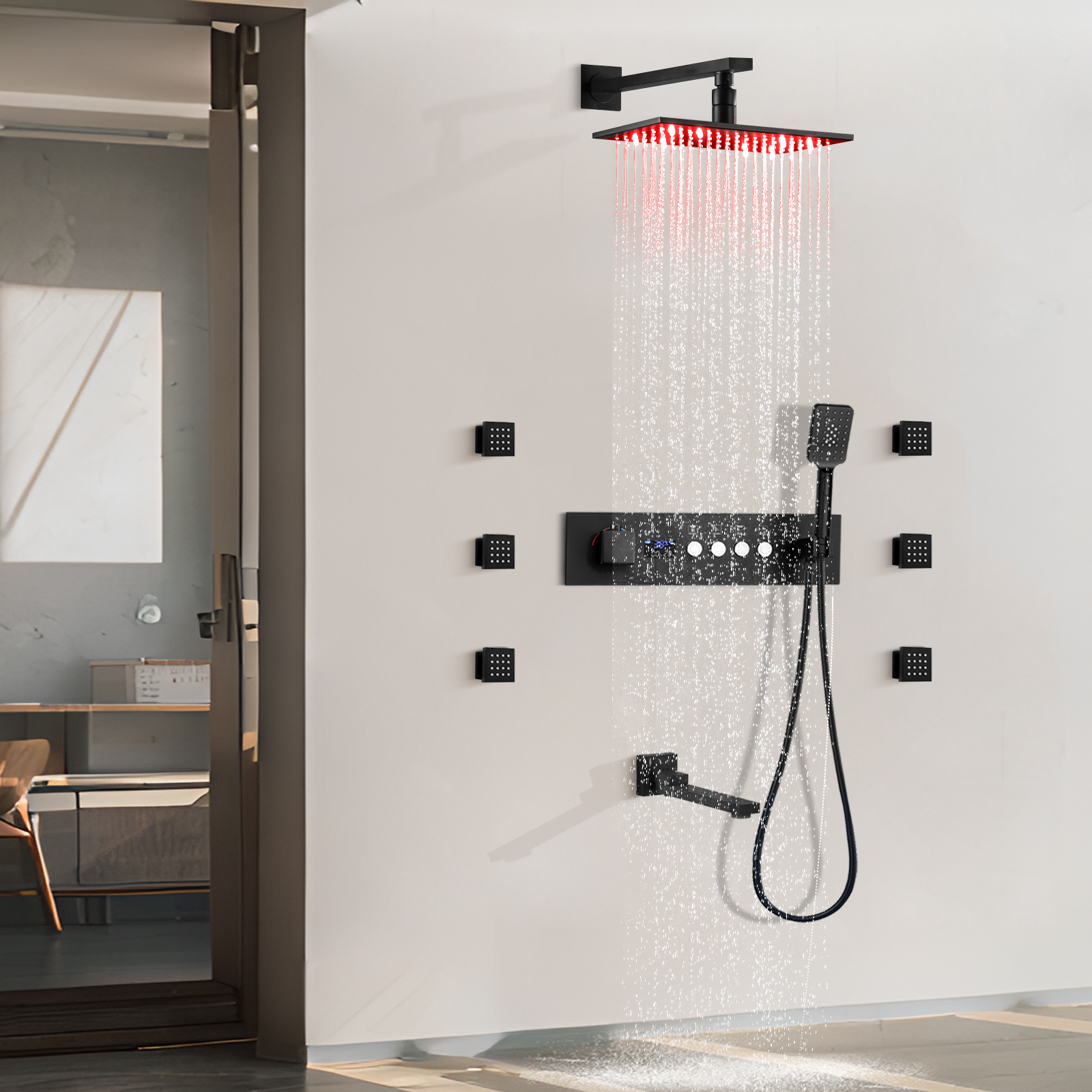 Bathroom Matte Black LED Rain Dumpy System Brass Mixer Kit Number Shows Constant Warm Warm Shower Head System