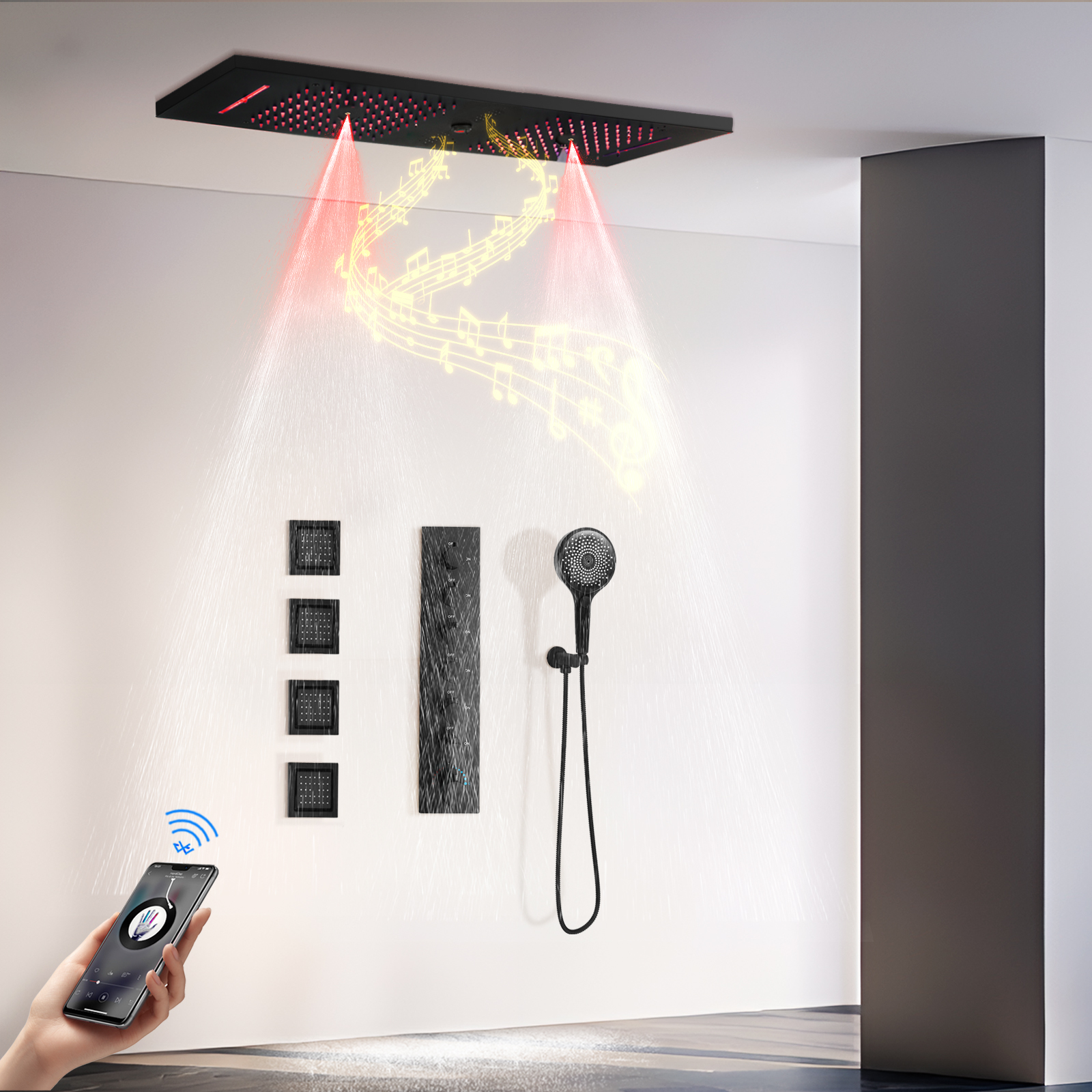 900 × 300mm Matte Black LED Shower 6 Functional Music Shower System Rain Shower Water Faucet Constant Temperature