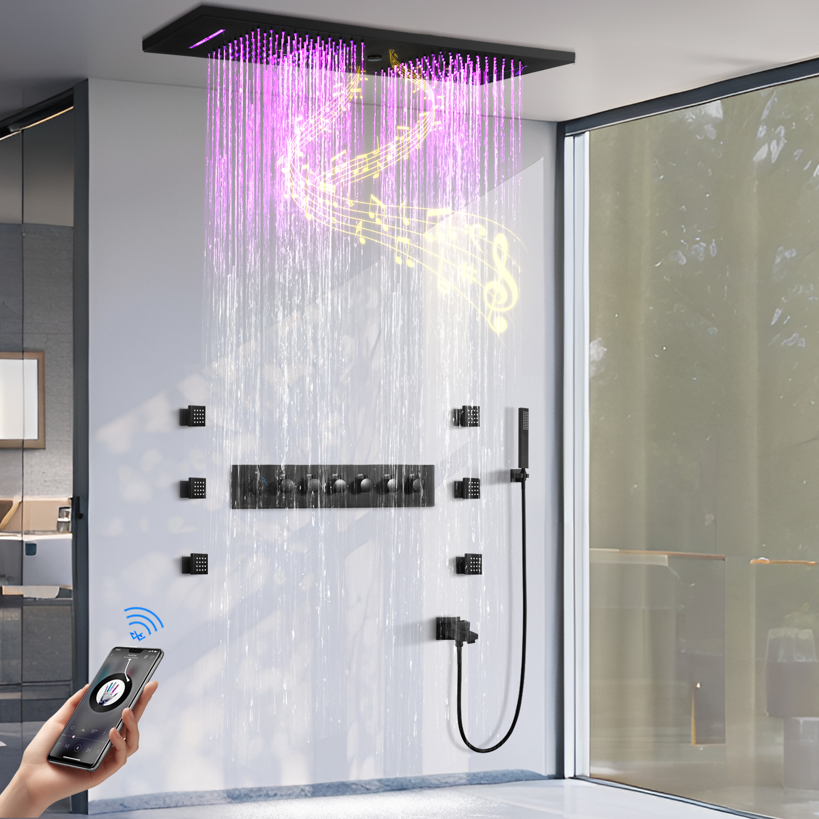 Bathroom Rainfall Waterfall LED Constant Temperature Shower Water Faucet with Shower Jet And Music Function Shower