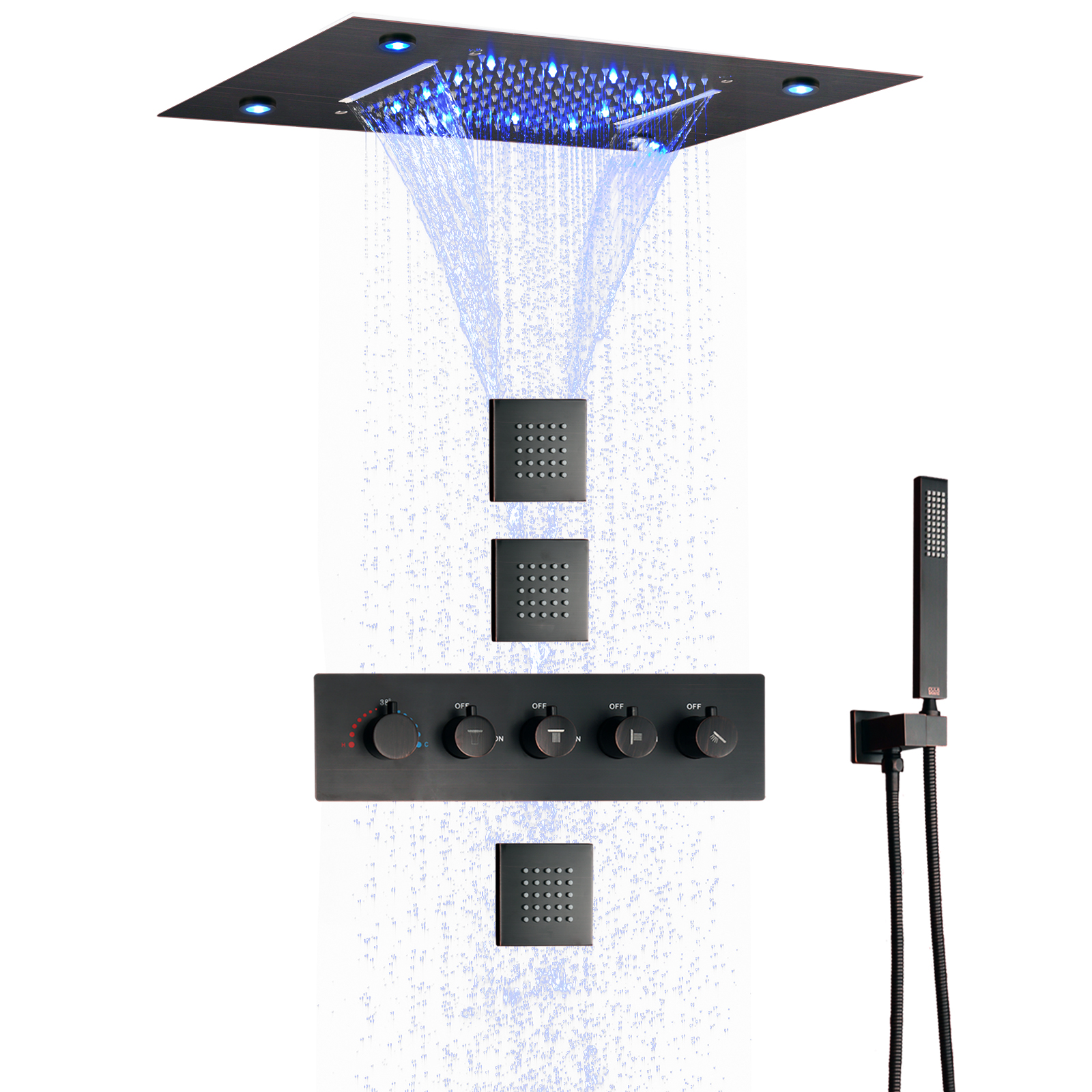 Oil Rubbed Bronze Thermostatic Shower System 50X36 CM LEDBathroom Concealed Shower Set With Spa Waterfall Rainfall