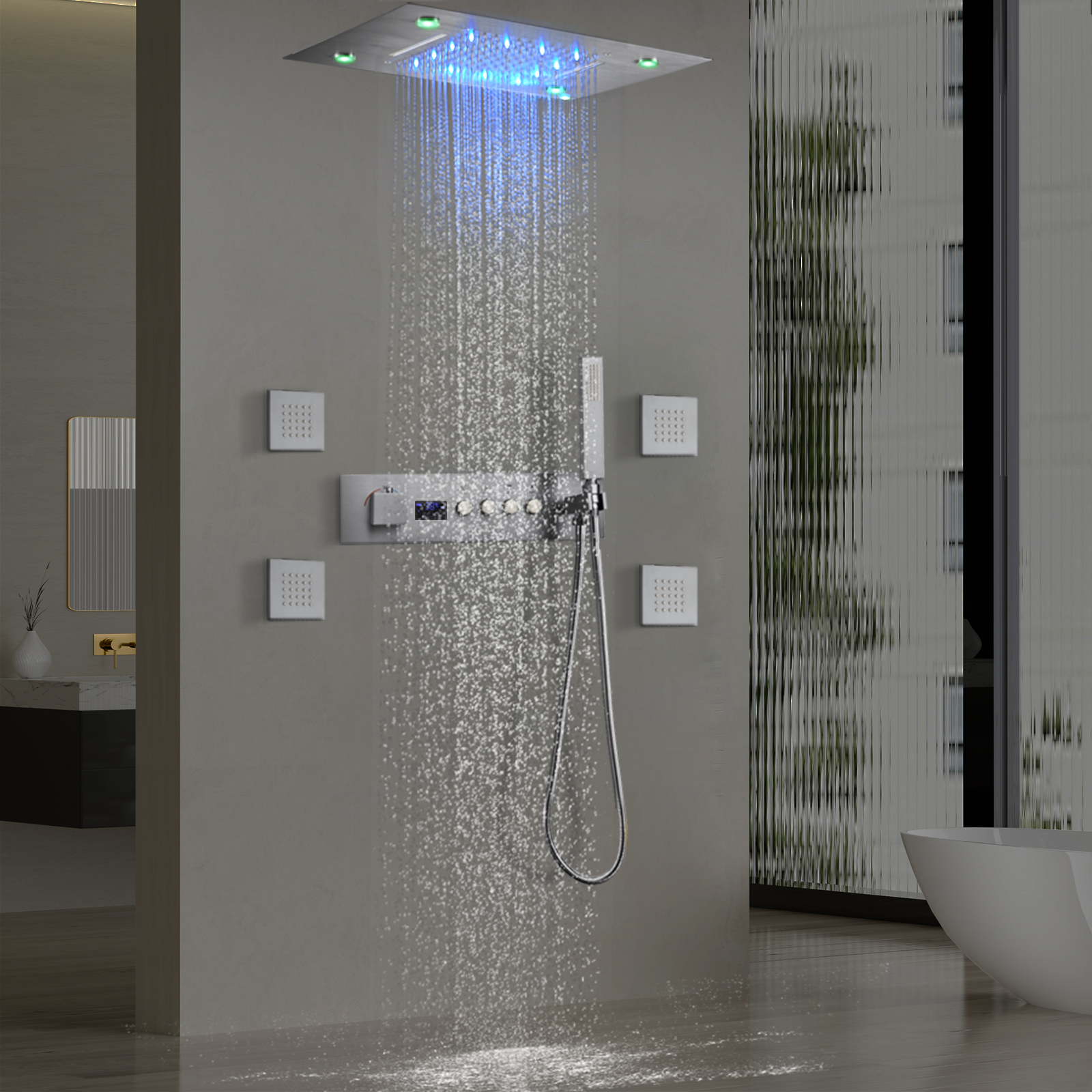 Gray Gray Modern Style 4+1 Bathroom Hennight Shower System Waterfall Rain
