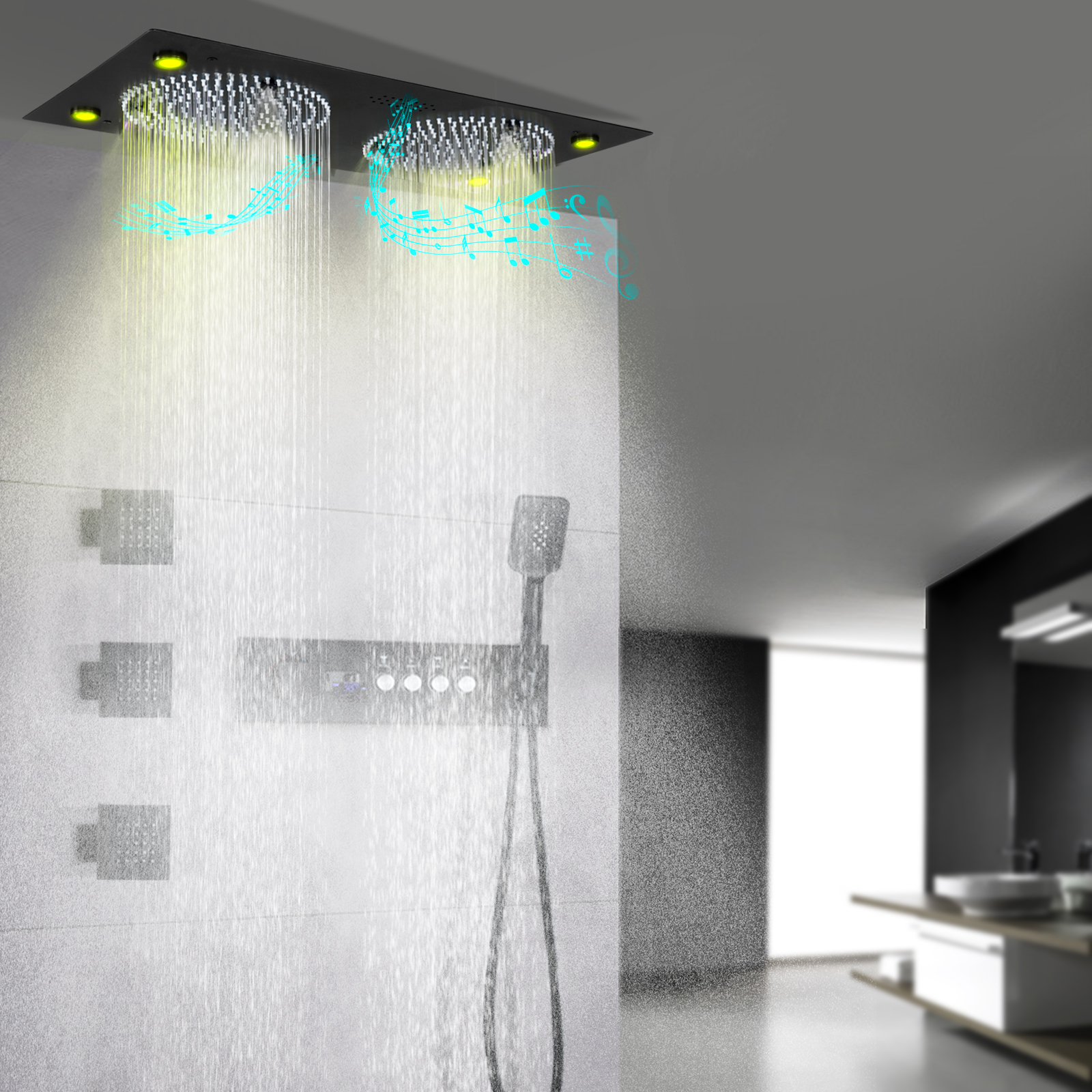 Matte Black LED Shower System 620*320MM Rain Shower Head with Music Speaker Thermostatic Bathroom Shower Faucet Set