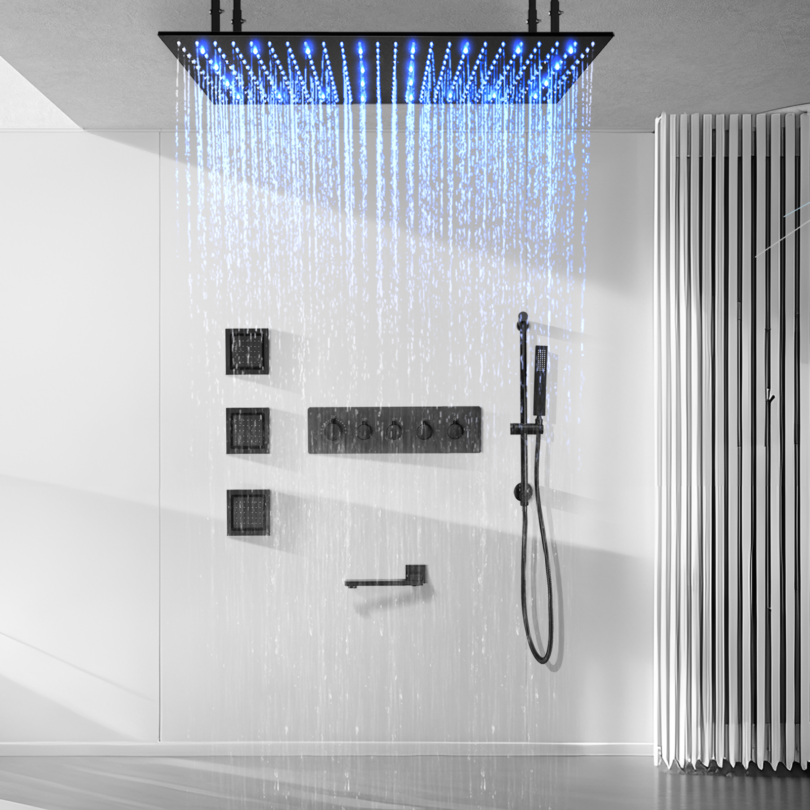 Black Wall -mounted Bathroom Large Rainwater LED Shower Head System in The Ceiling, Bring Down The Water Outlet