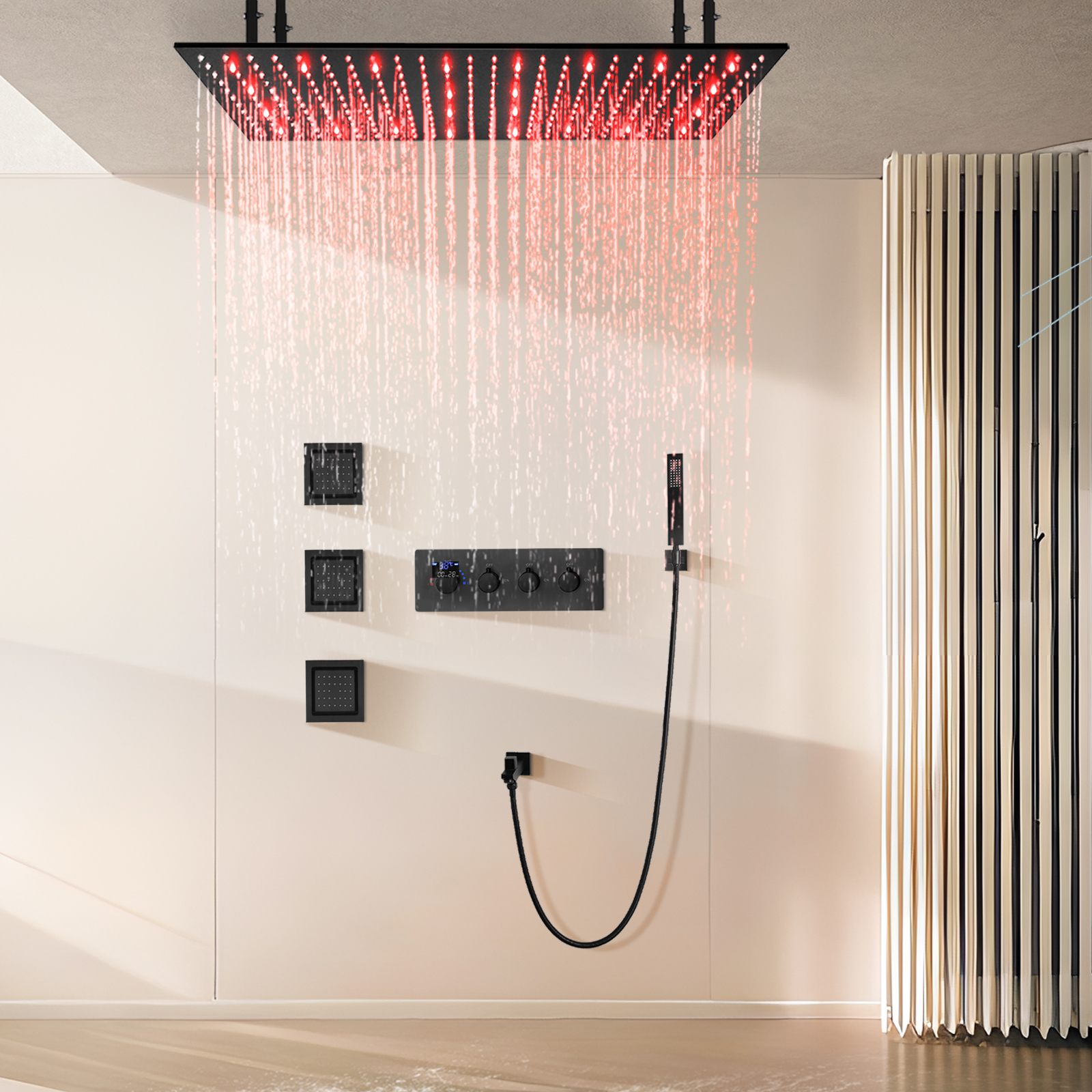 Wall -mounted Brass Matte Black 100x50cm Rainflower Shower Head System Four -function Bathroom LED Shower Kit