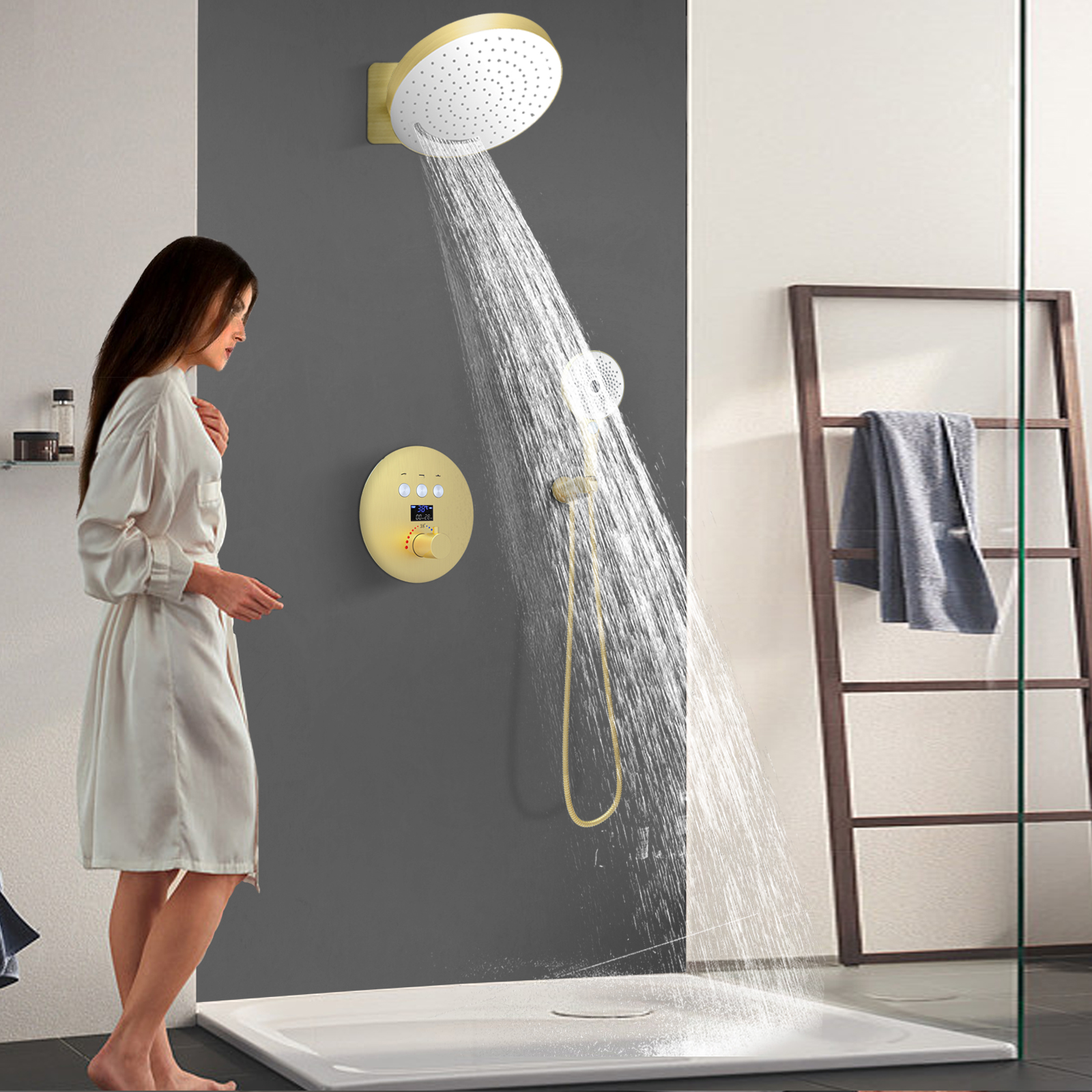 Brushed Gold Thermostat Digital Display Faucet Kit Bathroom Tub Shower Massage Jet System Set