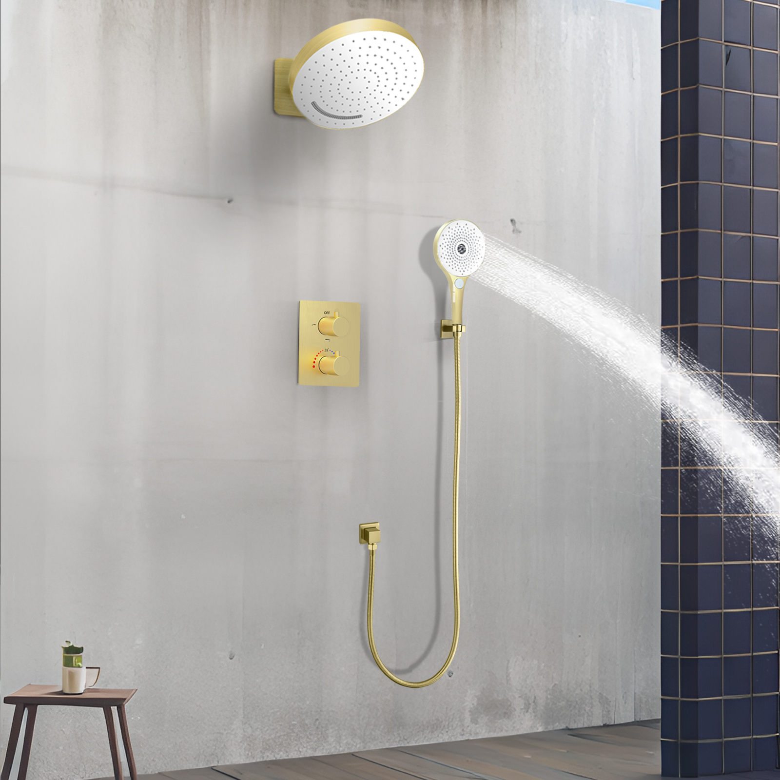 12 -inch 3 Function Circular Shower Head Constant Temperature Pull Silk Hanging Rainfall Shower System Multi -function Handheld