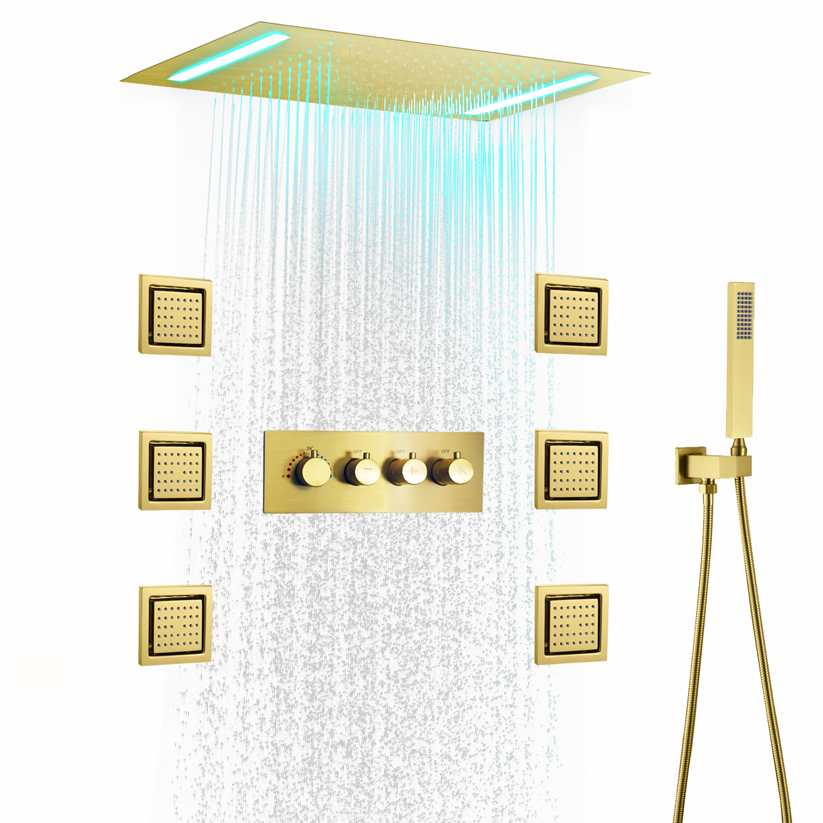 Mattic Black 50x36cm Bathroom LED Dark Dressing Shower Head And Faucet Suite Multi -function Rainwater Shower Massage SPA Set
