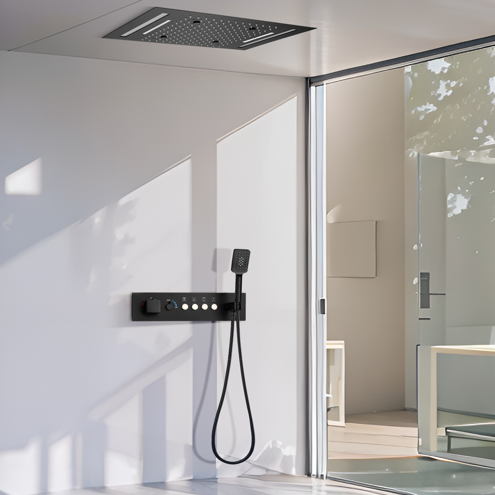 50X36CM Wall Mounted Shower Set Matte Black Constant Temperature Button with Flow Control Lever Shower System Bathtub Rain