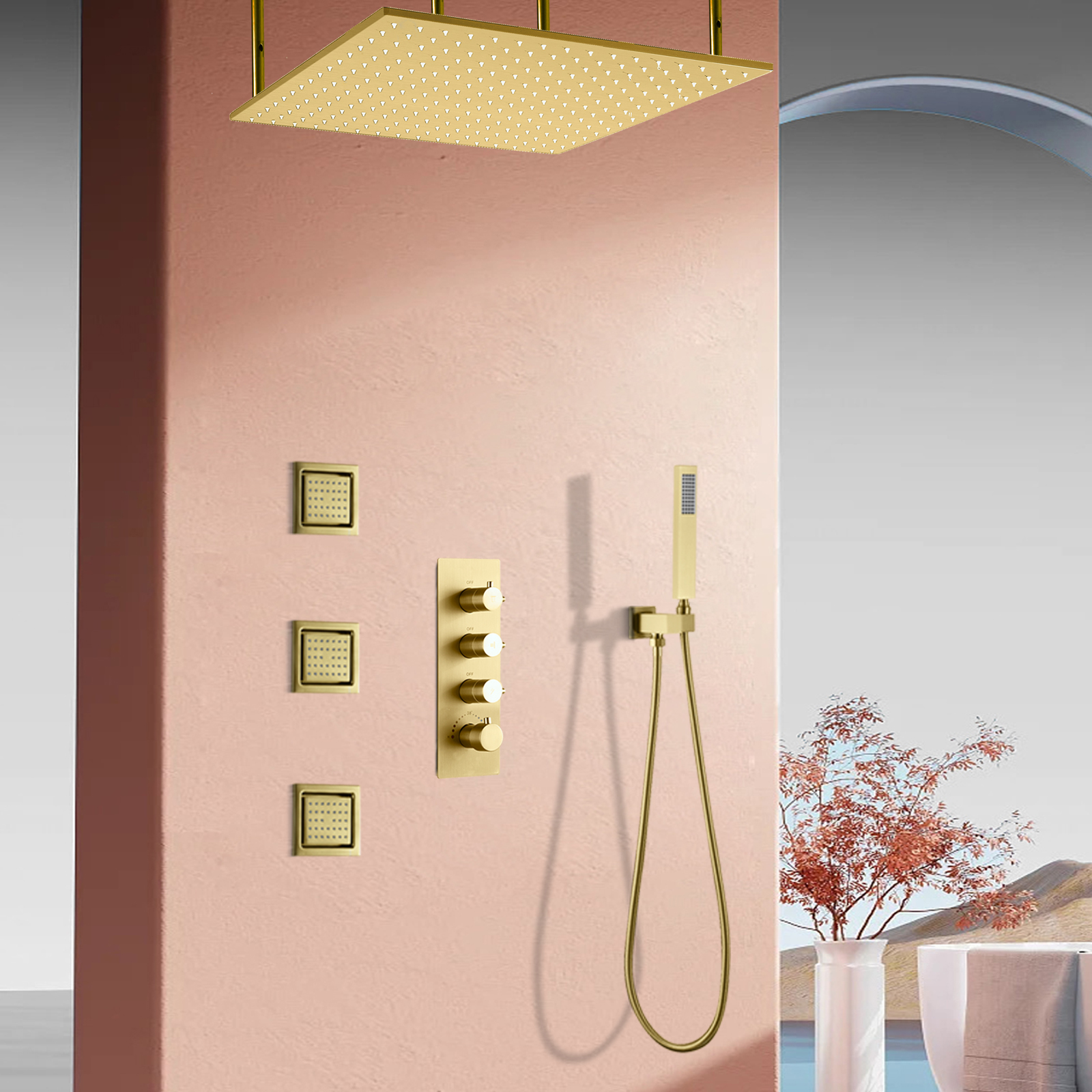 Wall Mounted Shower Bathroom Gold Concealed Shower Mixer Set With Rain Shower Head