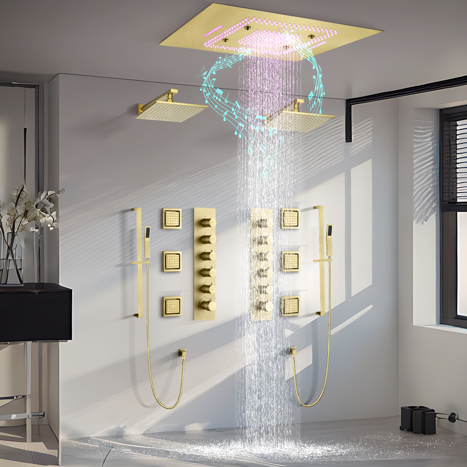 Wholesale Constant Temperature LED Music Shower Panel Multifunctional Gold Shower Head Set