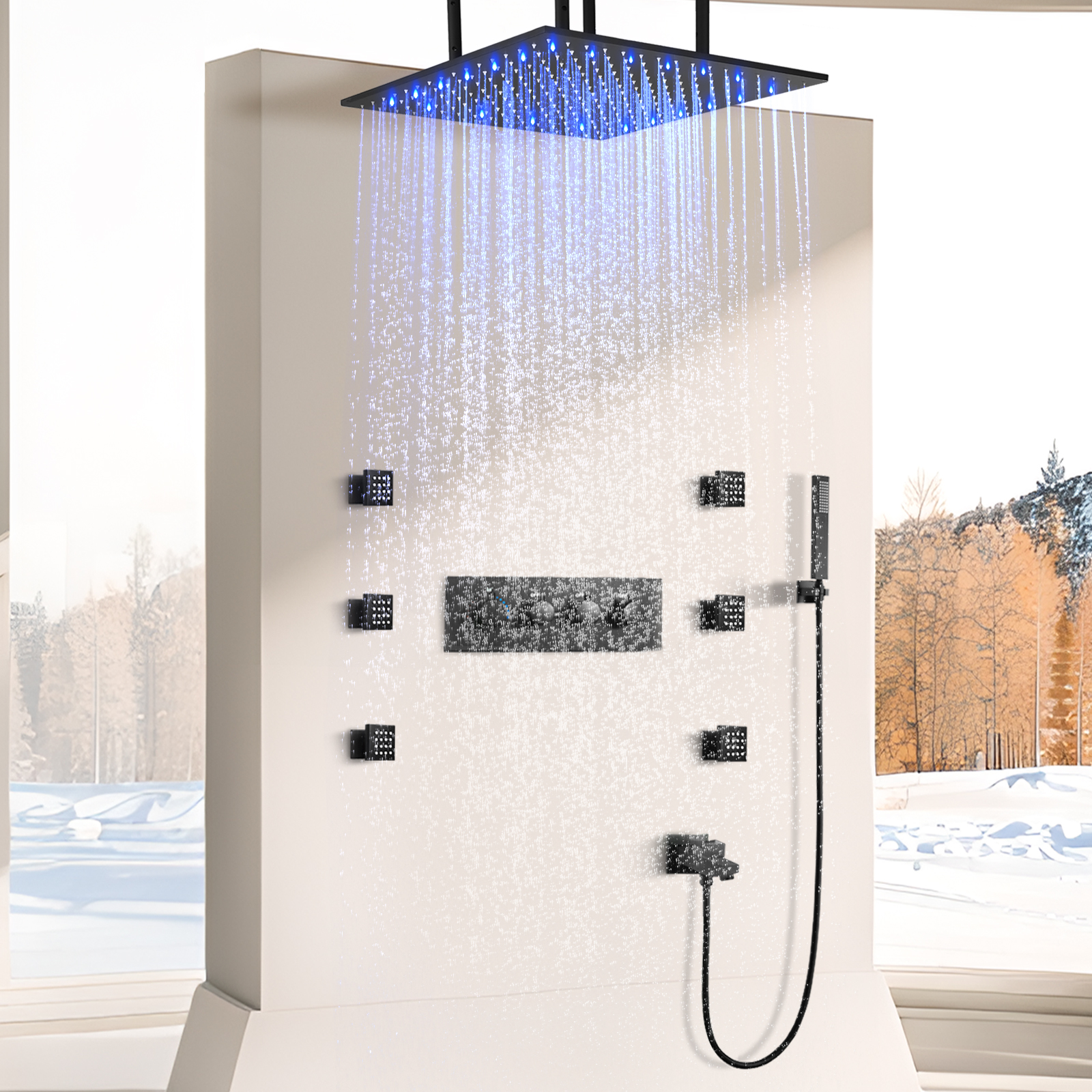 50x50cm Wall -mounted Rain Shower System with Body Spray LED Shower Fixed Device Flushing Set Shower Water Faucet