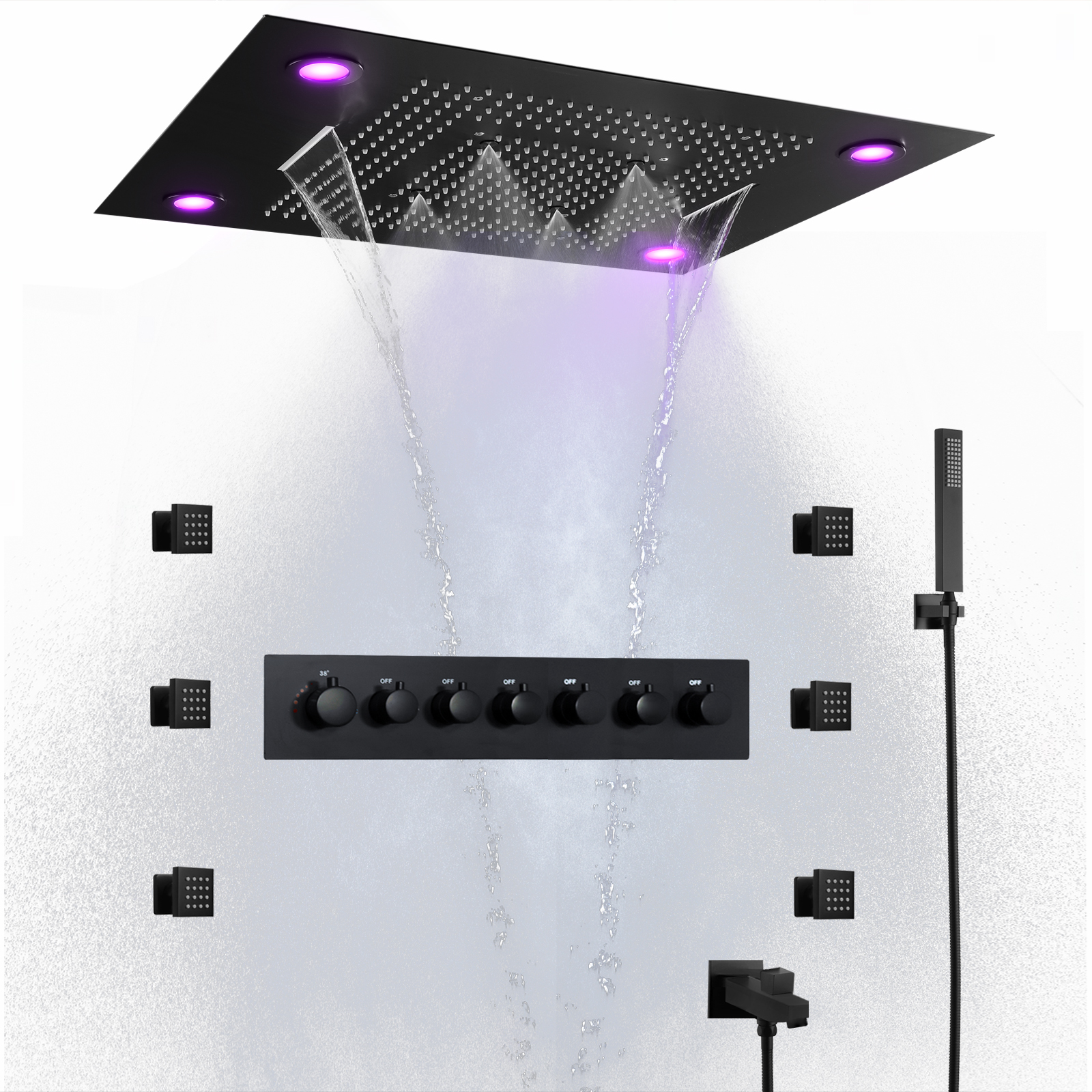 800*600MM Black Shower Head LED Bathroom Thermostatic Multifunction Shower System With Shower Body Jets