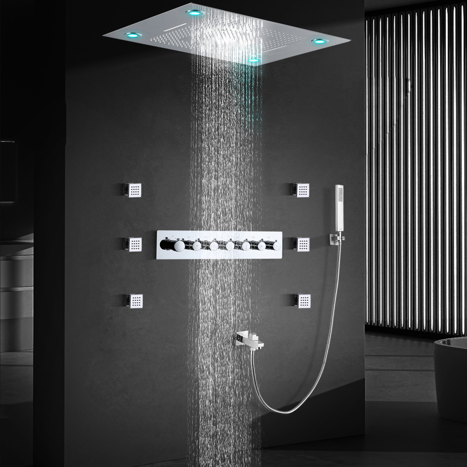 Ceiling Mounted Music Led Shower System 32*24 Inch Mist Rain & Waterfall Shower Head Bathroom Thermostatic Shower Mixer Set