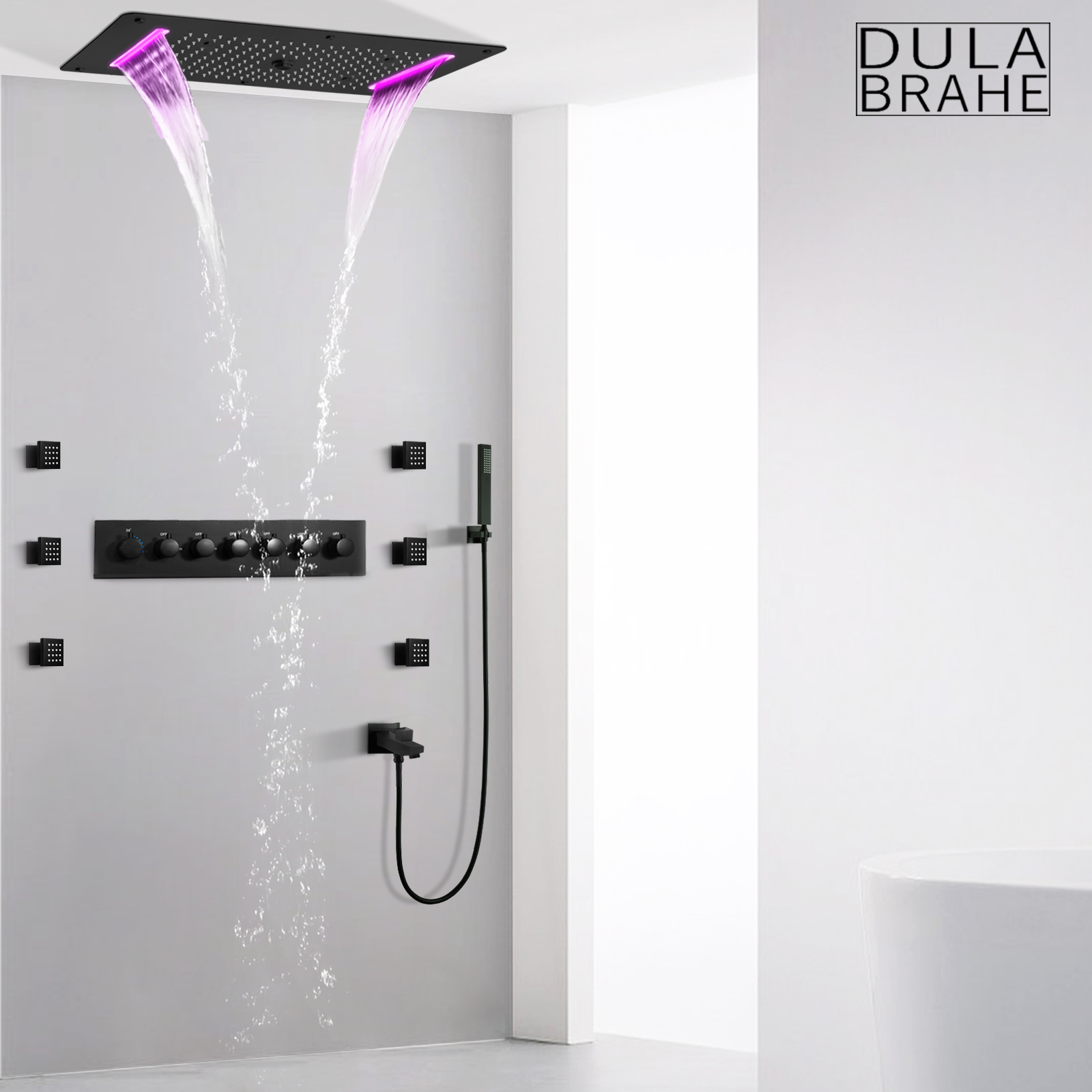 Matte Black Rain Shower Set Bathroom 70X38 Cm Thermostatic Shower Faucet LED Mist Rain Waterfall Massage Shower