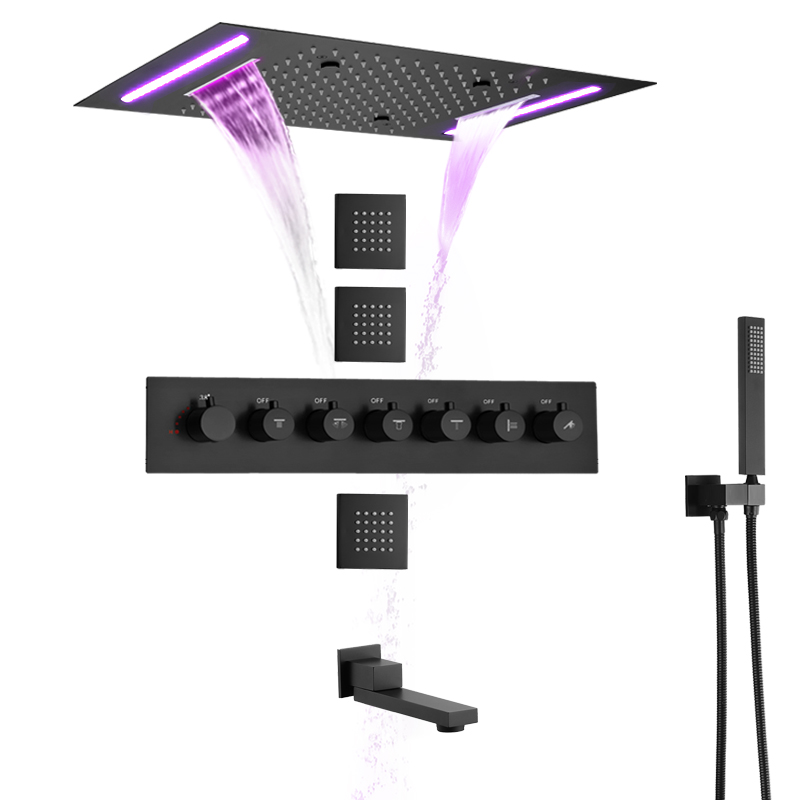 Matte Black Shower Mixer Set 50X36 CM With LED Control Panel Bathroom Waterfall Rainfall Atomizing Spa Shower